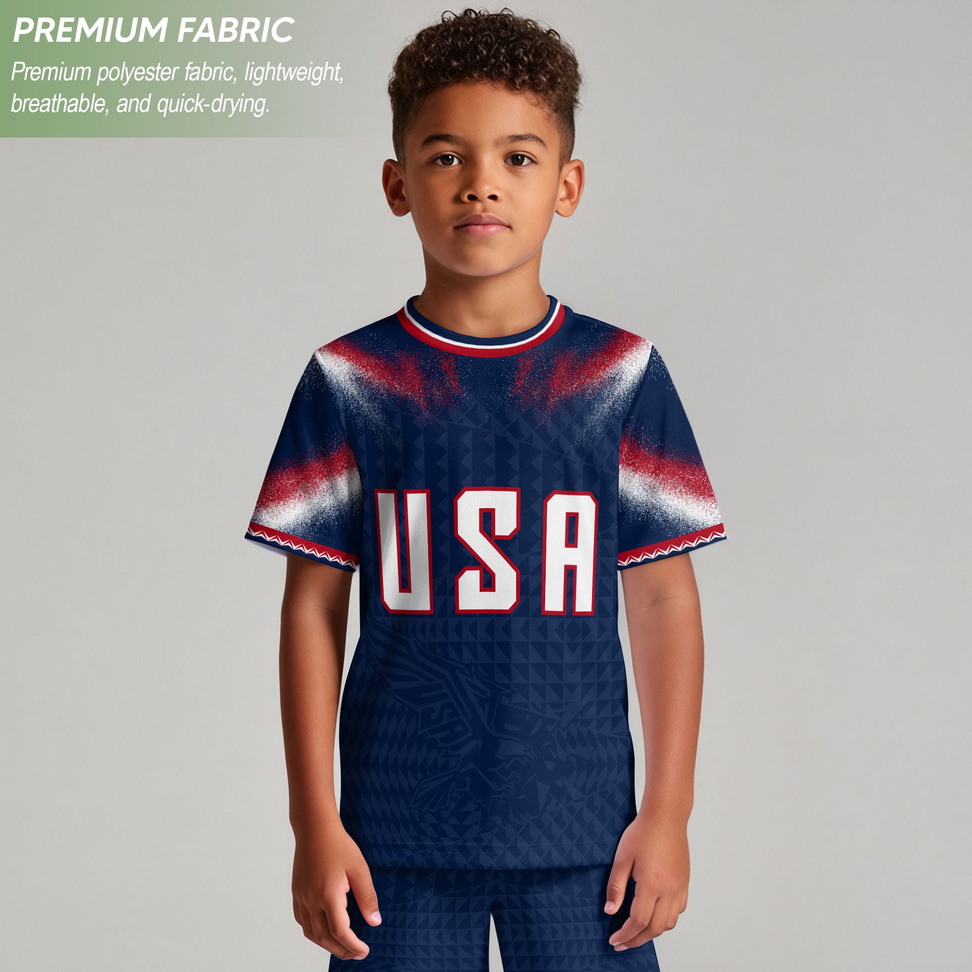 Kids USA Soccer Jersey Navy Blue Youth Red White Blue Patriotic Football Tee Shirt
