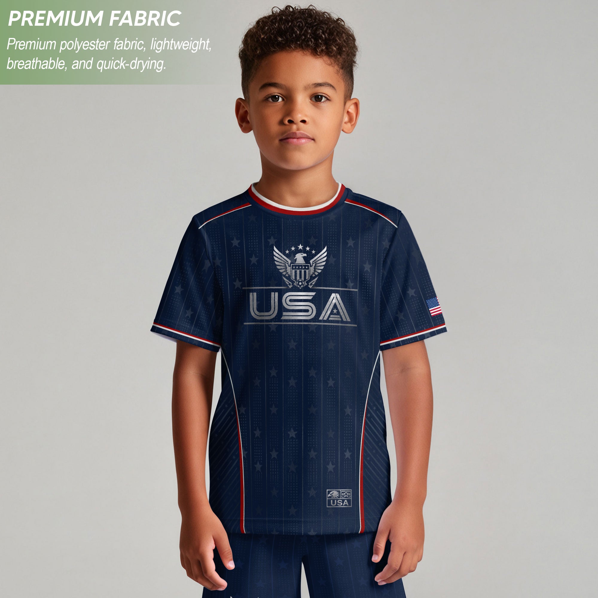 Kids USA Blue Soccer Jersey Youth Patriotic American Flag Eagle Football Shirt