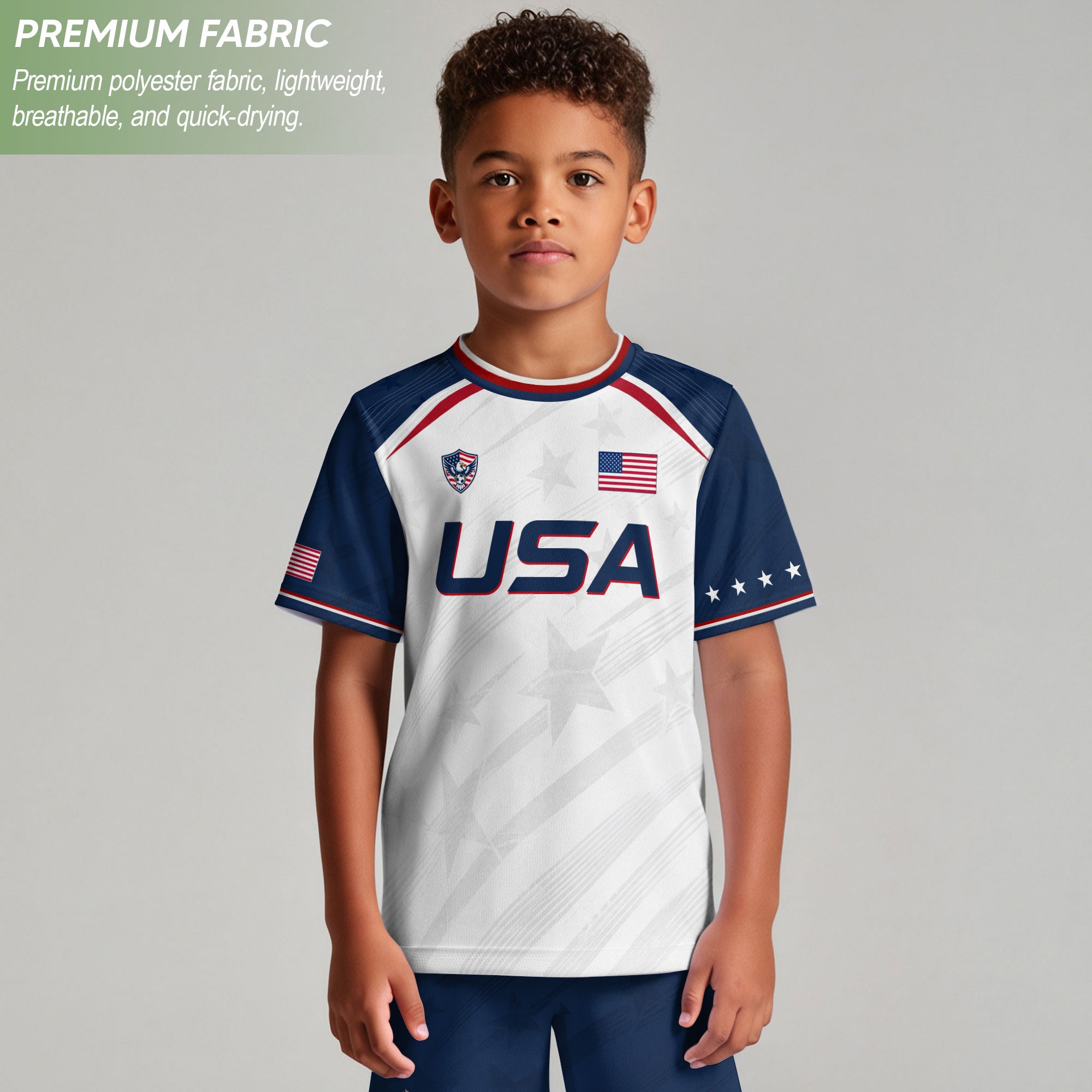 Kids USA Soccer Jersey White Youth Patriotic American Flag Eagle Football Tee Shirt