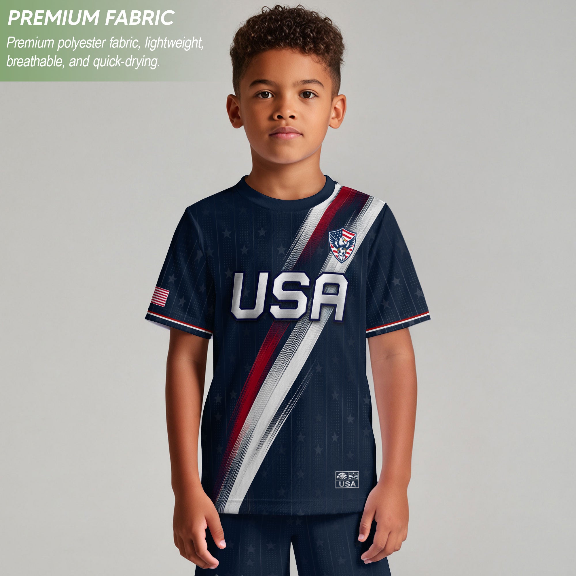 Kids USA Soccer Jersey Navy Blue Youth Patriotic American Flag Eagle Football Tee Shirt