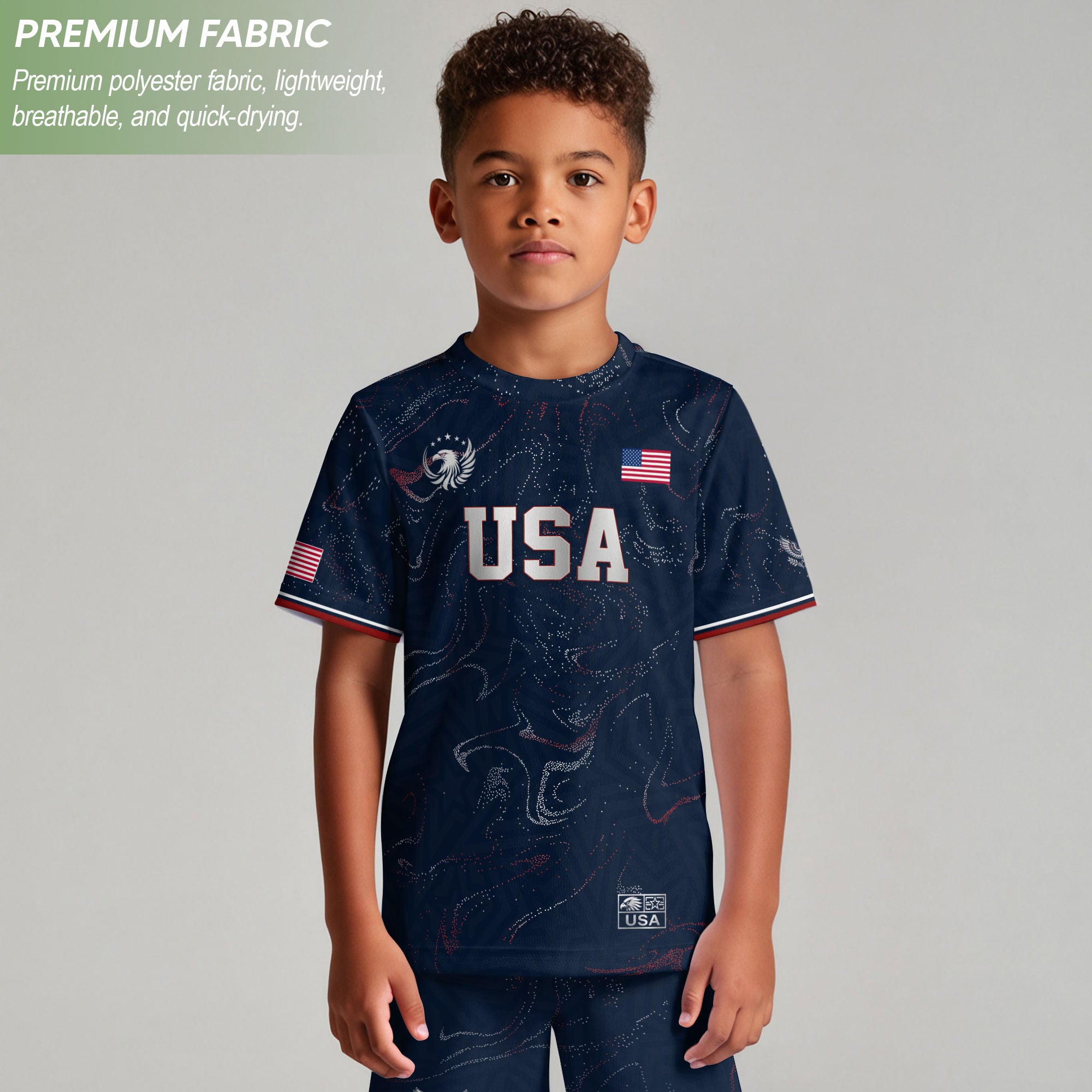 Kids USA Soccer Jersey Blue Youth Patriotic Marble Texture Eagle Football Tee Shirt