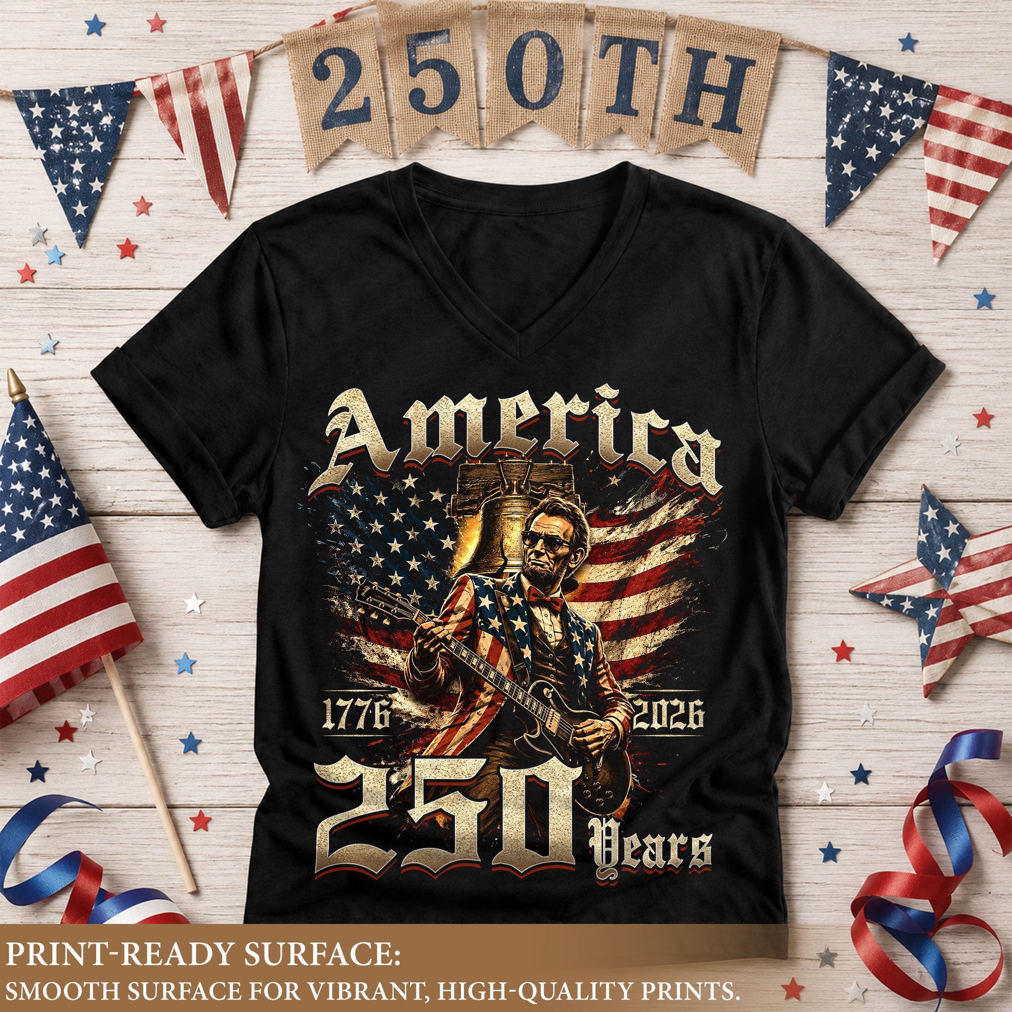 Lincoln Guitar V Neck Women T-Shirt Retro Aesthetic Patriotic 1776-2026 America 250 Years