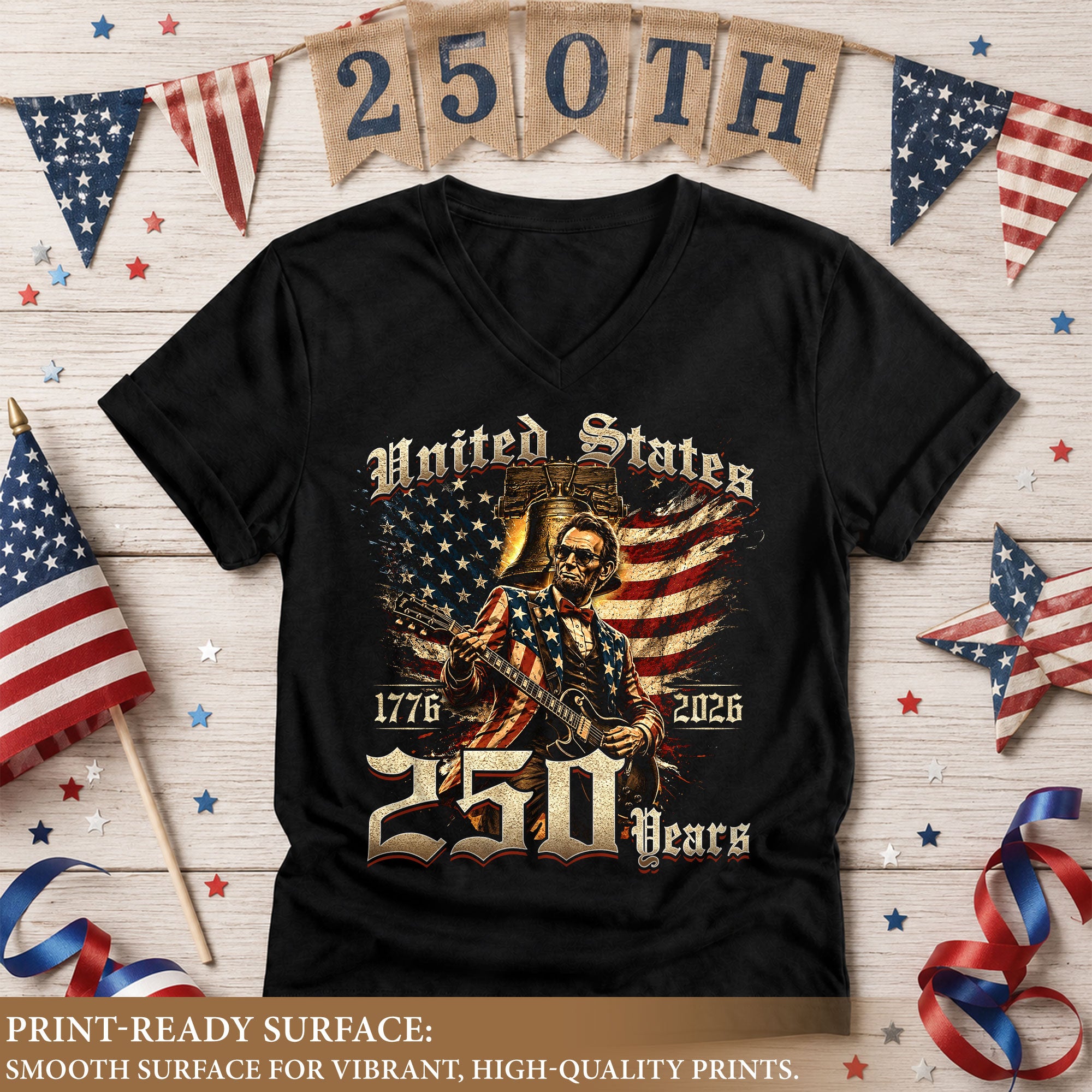 Lincoln Guitar V Neck Women T-Shirt Retro Aesthetic Patriotic 1776-2026 America 250 Years