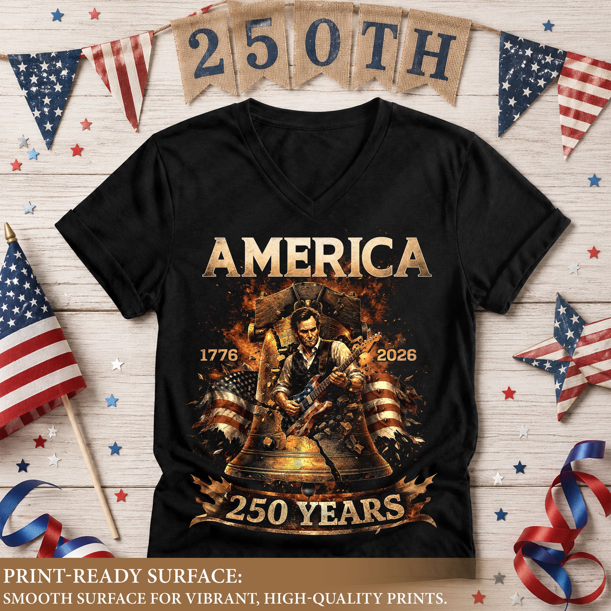 Liberty Bell Guitar V Neck Women T-Shirt Patriotic 1776-2026 America 250 Years Black Tee