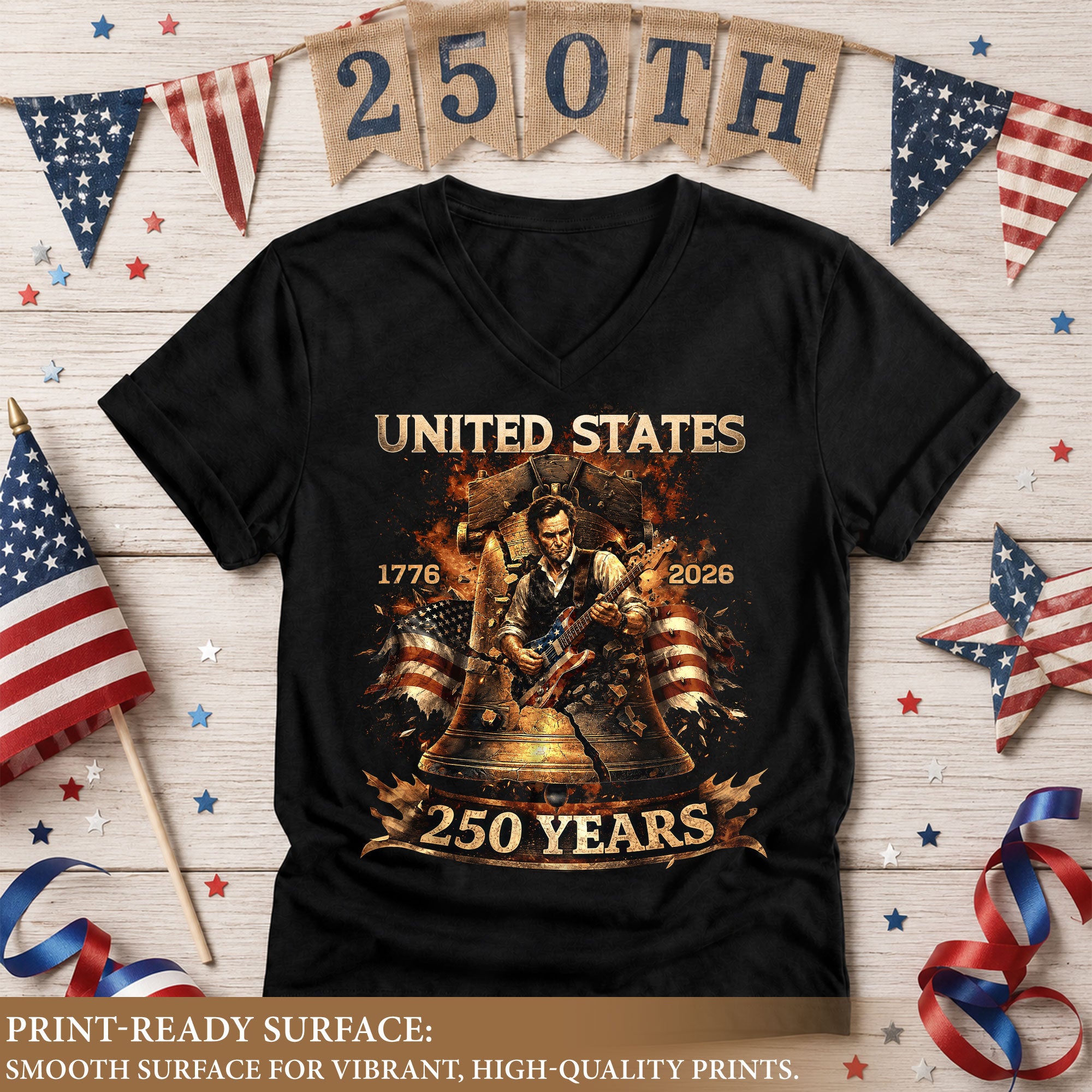 Liberty Bell Guitar V Neck Women T-Shirt Patriotic 1776-2026 America 250 Years Black Tee