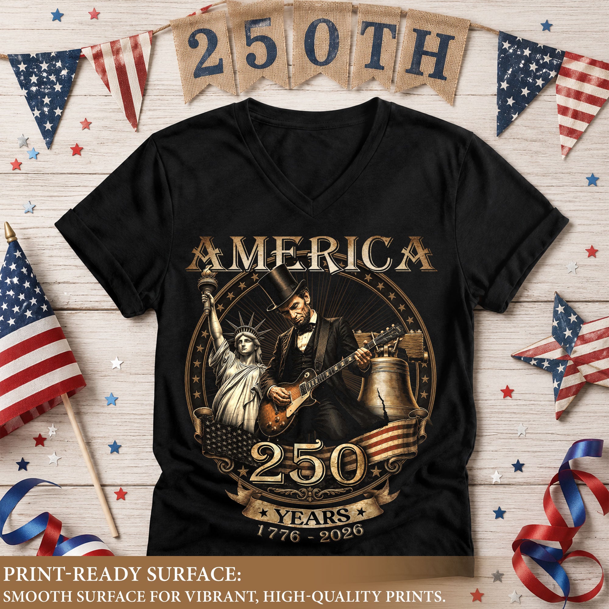 Lincoln Guitar V-Neck Shirt Soft Graphic Tee Patriotic 1776-2026 America 250 Years