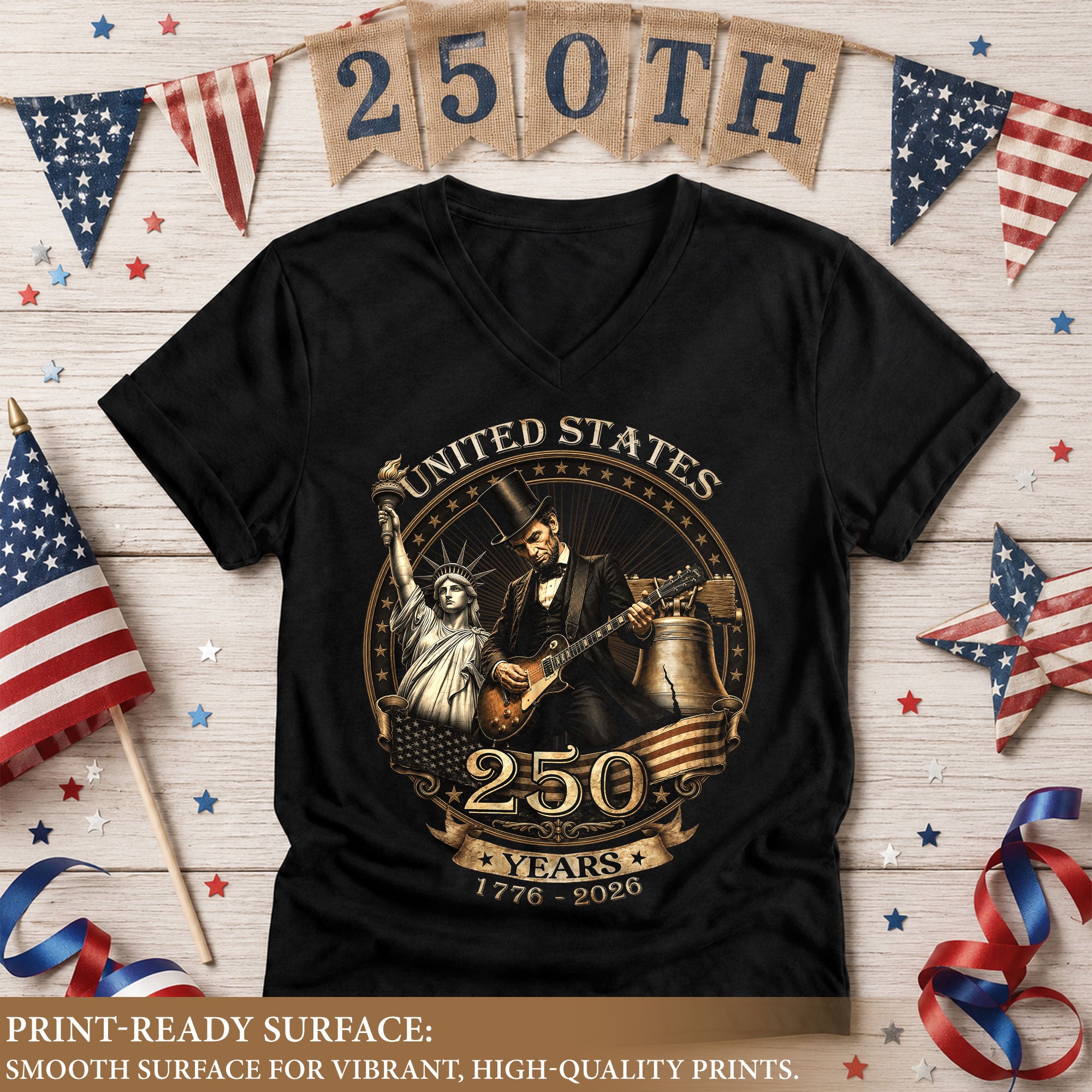 Lincoln Guitar V-Neck Shirt Soft Graphic Tee Patriotic 1776-2026 America 250 Years