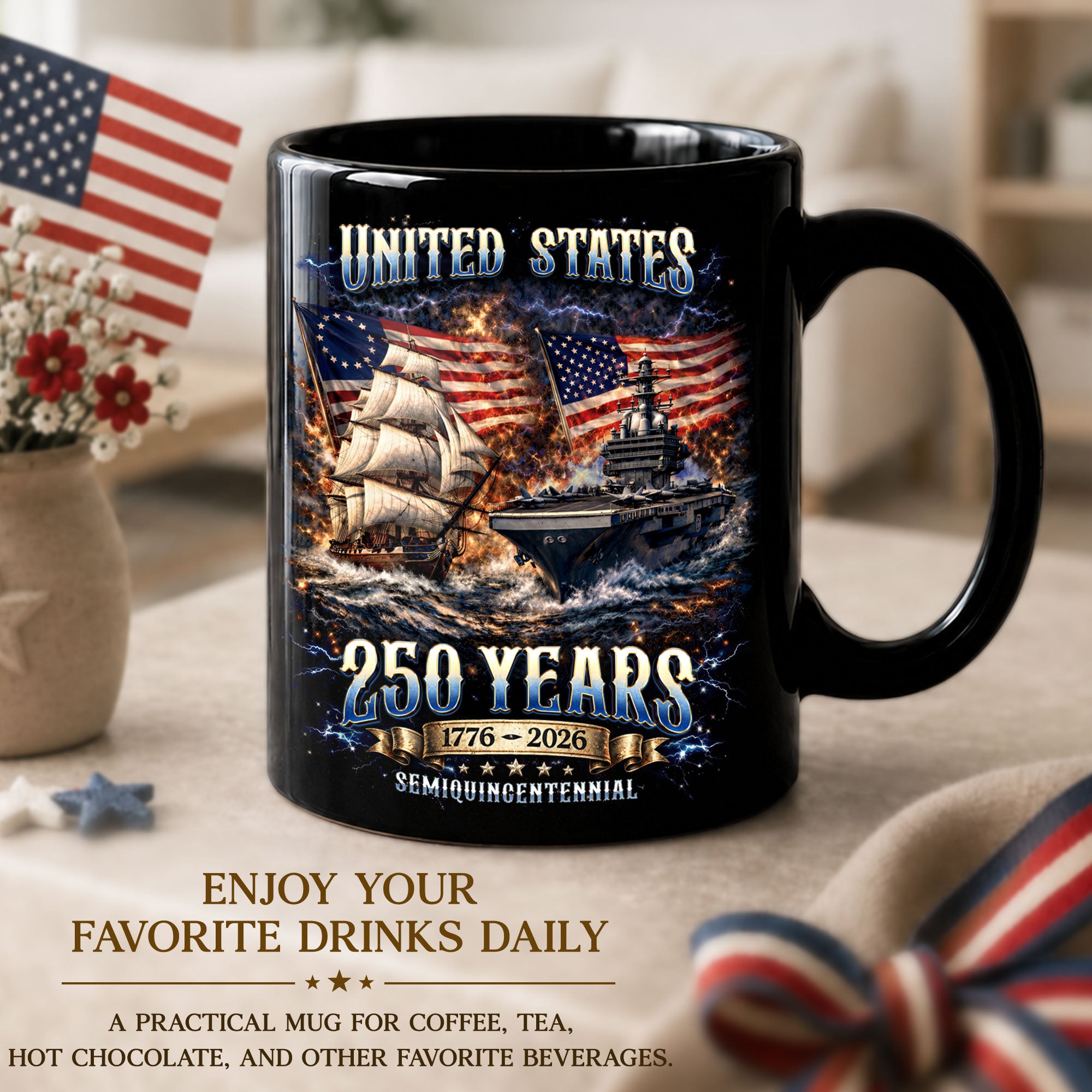 United States 250 Years Mug - 1776 2026 Patriotic Navy Ship Aircraft Carrier Cup