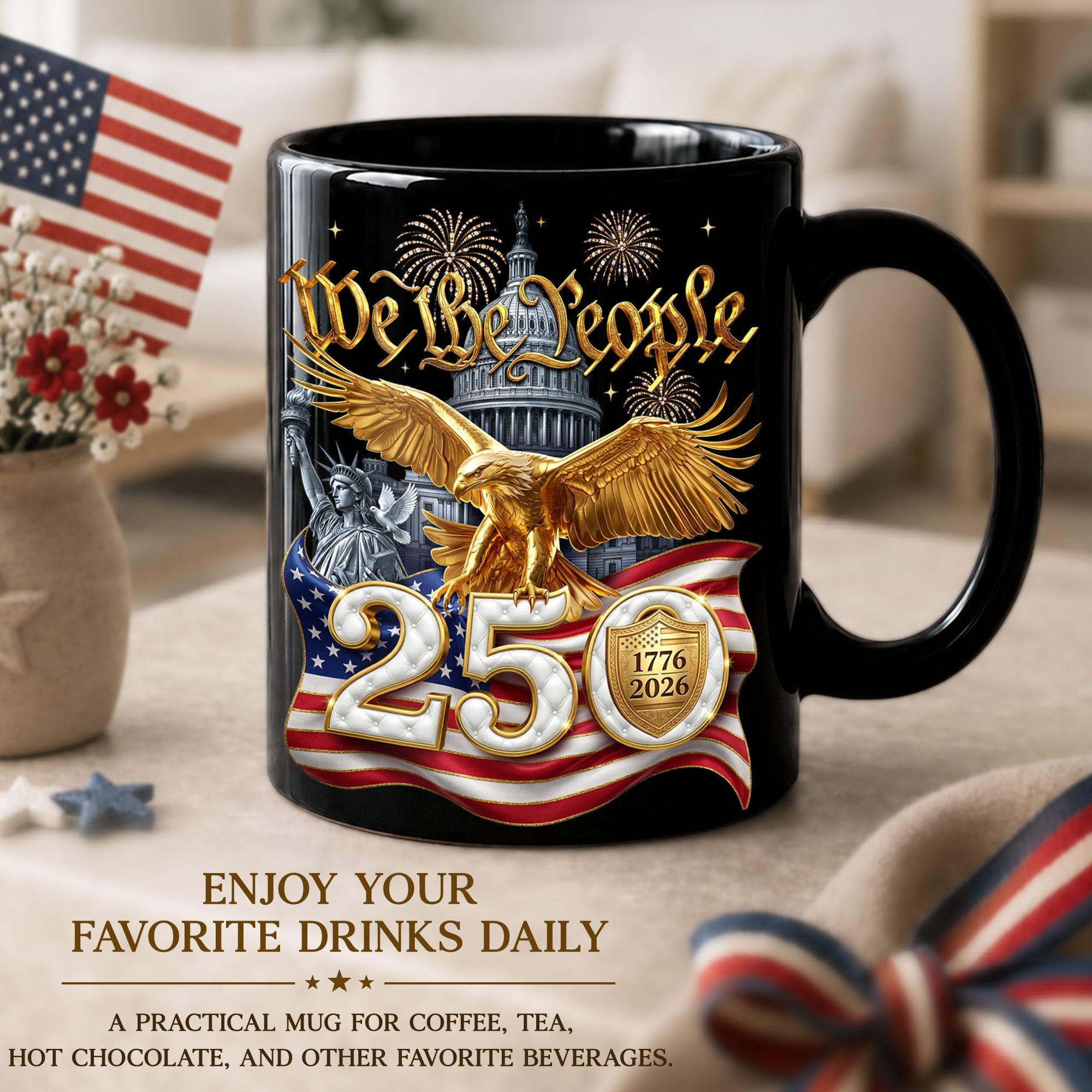 We The People 1776-2026 Mug - Retro Patriotic Golden Bald Eagle Ceramic Cup