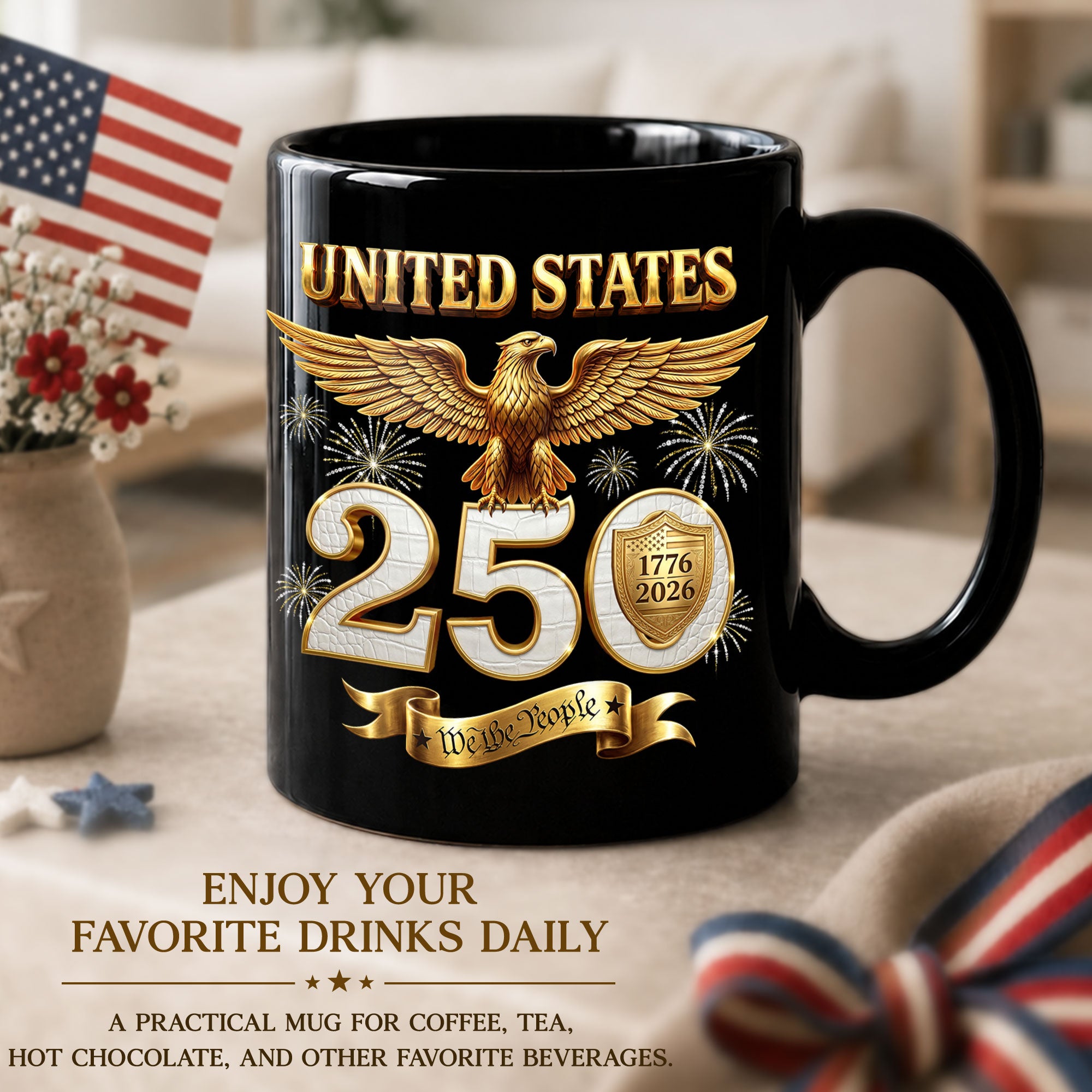 United States 1776 2026 Mug - Golden Patriotic Eagle We The People Ceramic Gift Cup