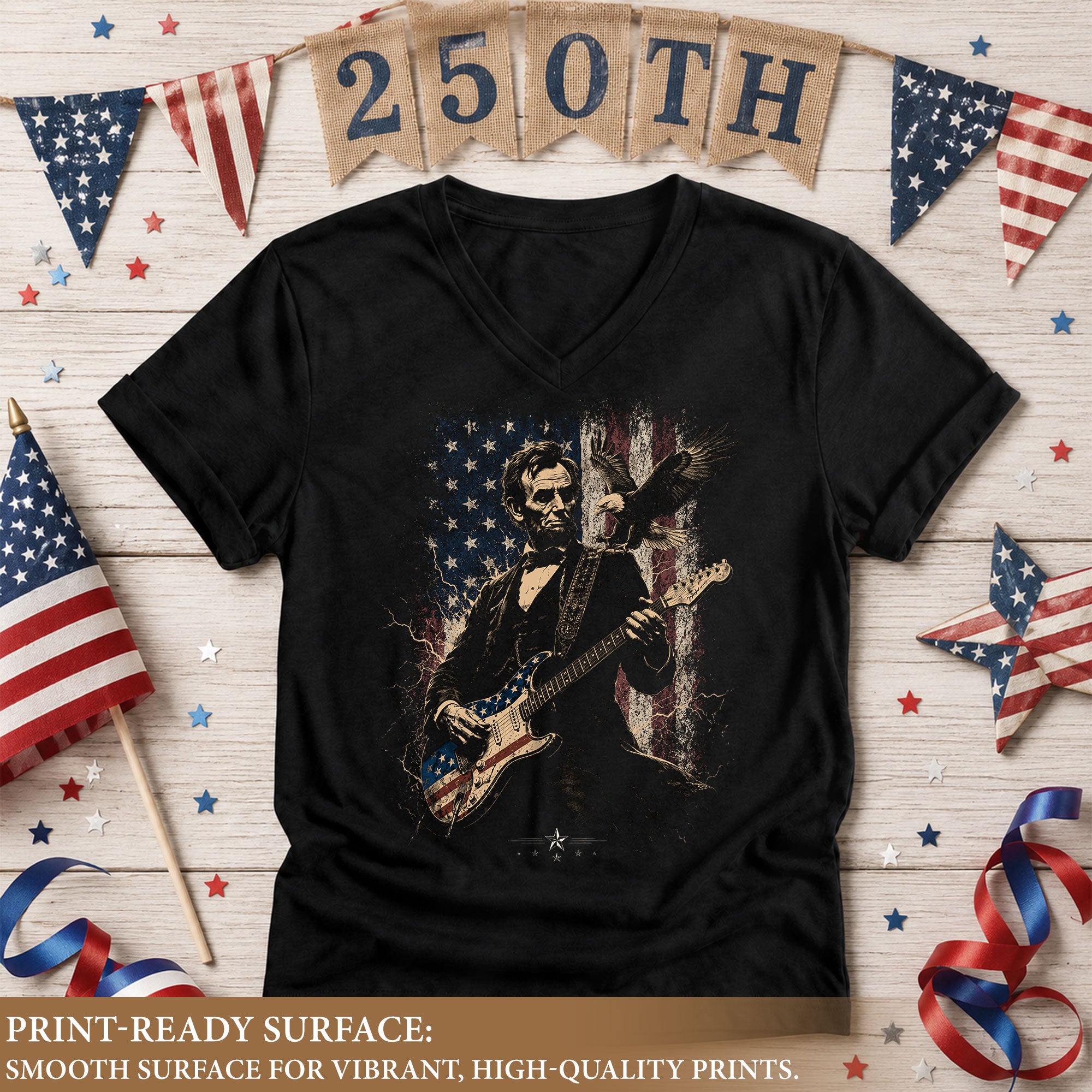 Abraham Lincoln Playing Guitar V-neck Shirt - Patriotic American Flag Graphic Tee