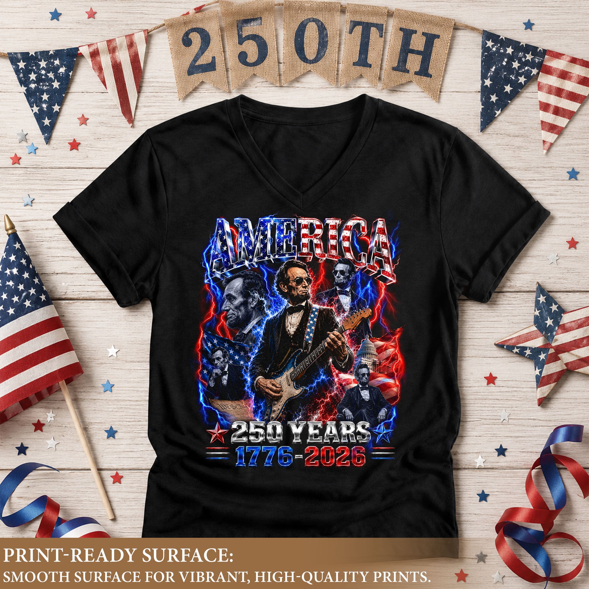 Patriotic Abraham Lincoln Rock Guitar V-neck Shirt - 1776-2026 Historical Graphic Tee