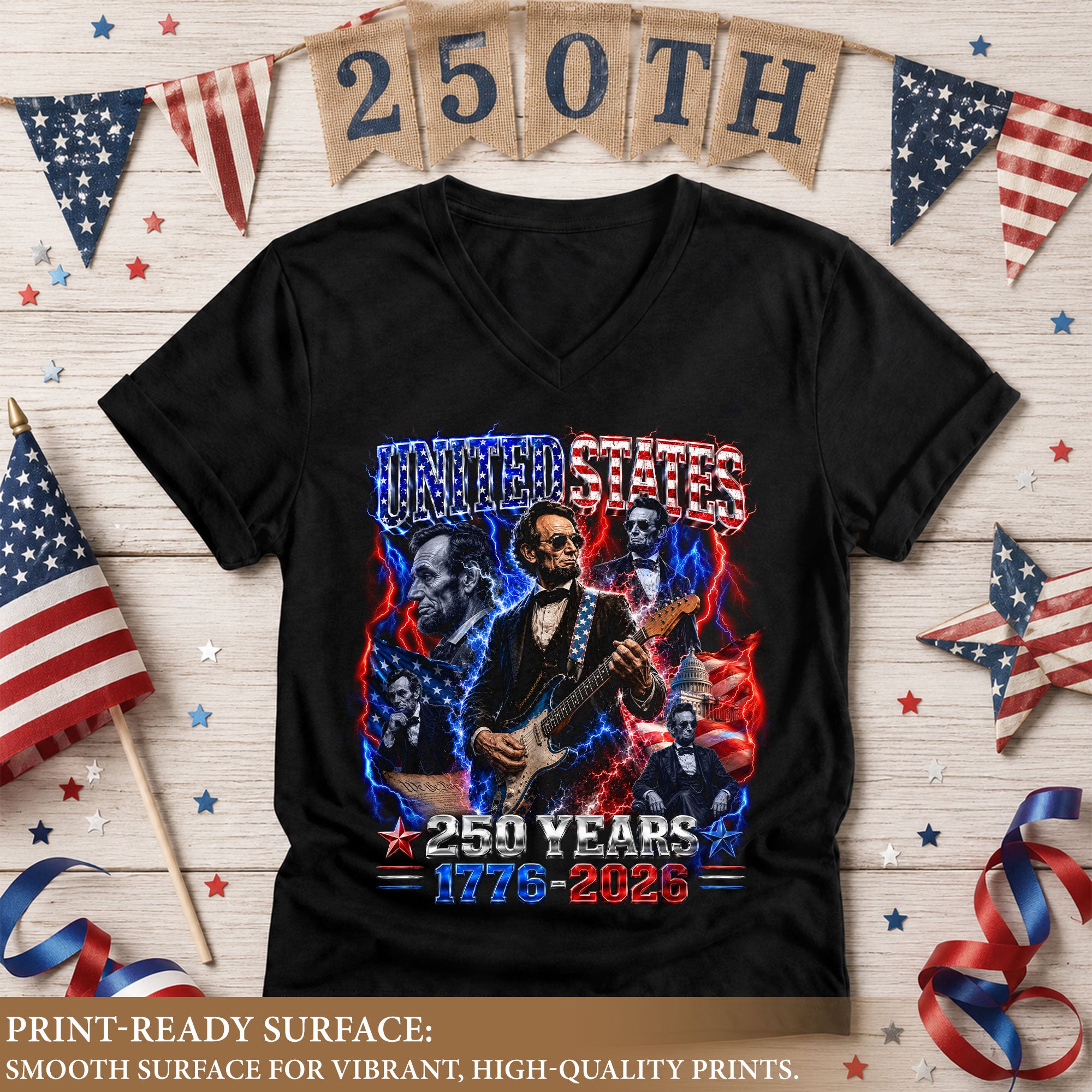 Patriotic Abraham Lincoln Rock Guitar V-neck Shirt - 1776-2026 Historical Graphic Tee