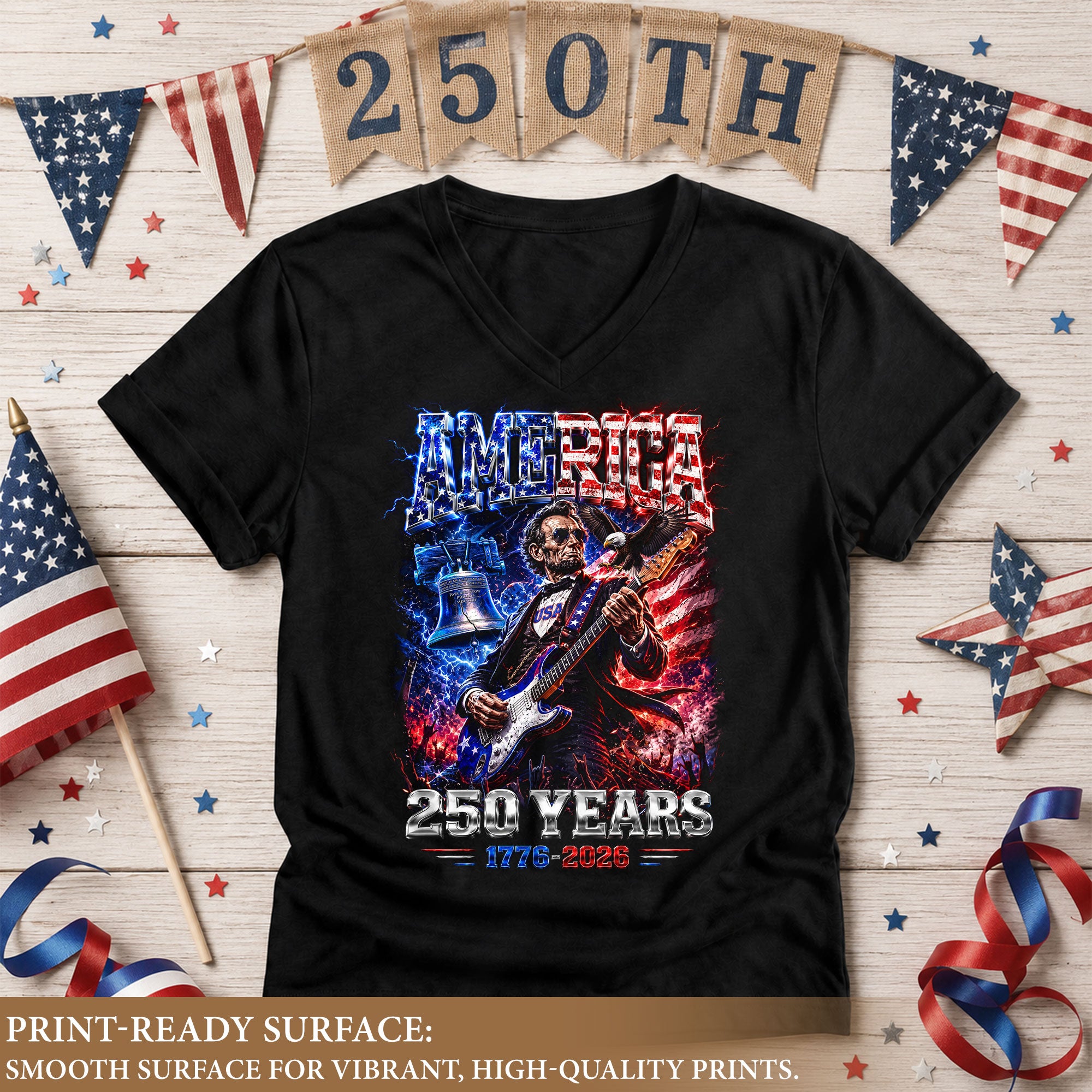 Vintage Abraham Lincoln Rocker V-neck Shirt - Patriotic USA 1776-2026 Graphic Apparel