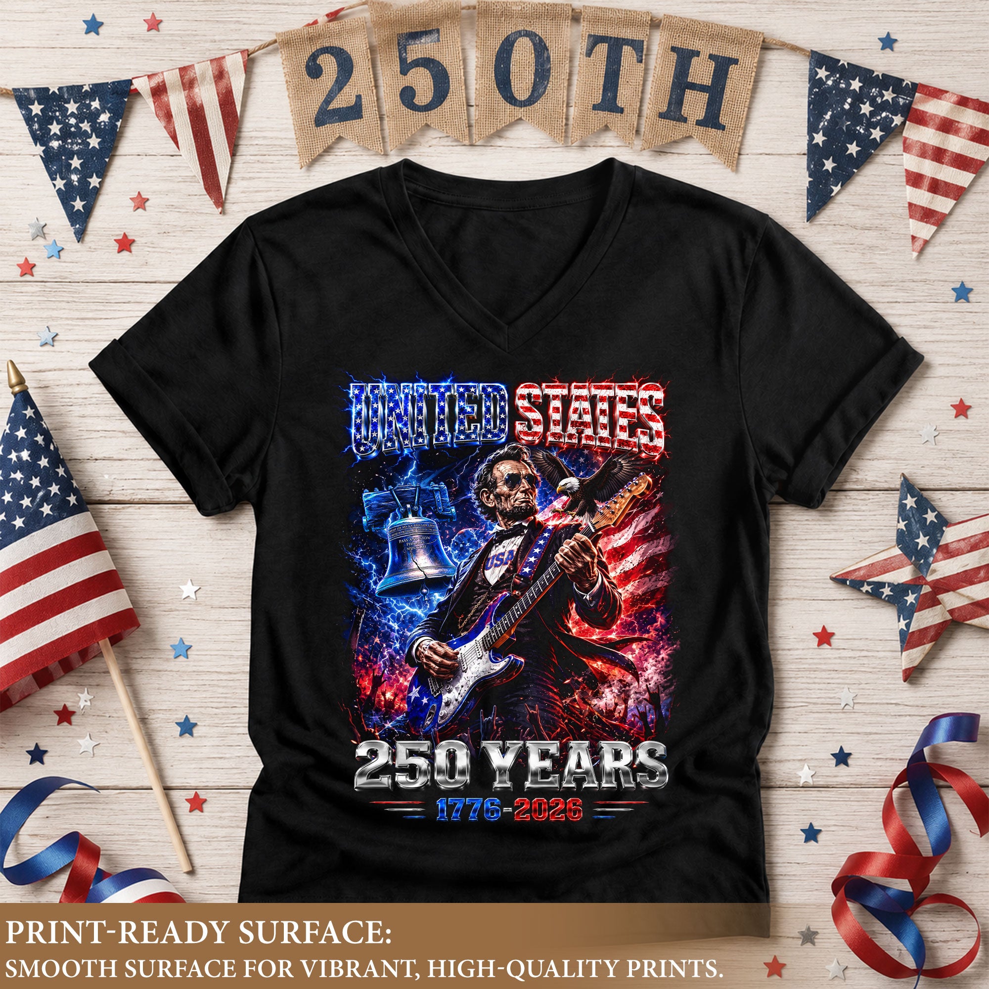 Vintage Abraham Lincoln Rocker V-neck Shirt - Patriotic USA 1776-2026 Graphic Apparel