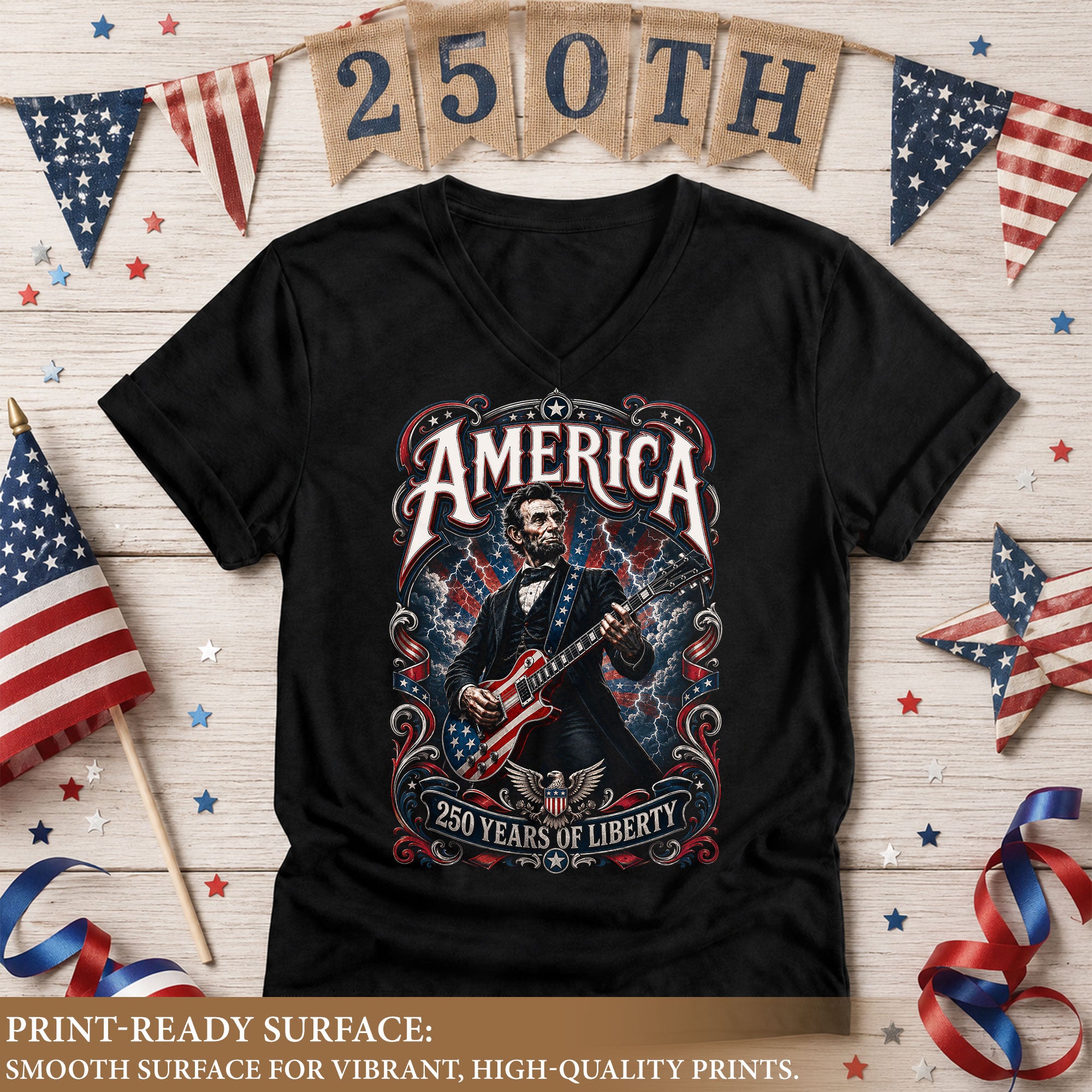 Patriotic Abraham Lincoln Guitarist V-neck Shirt - 250 Years of Liberty Graphic Apparel
