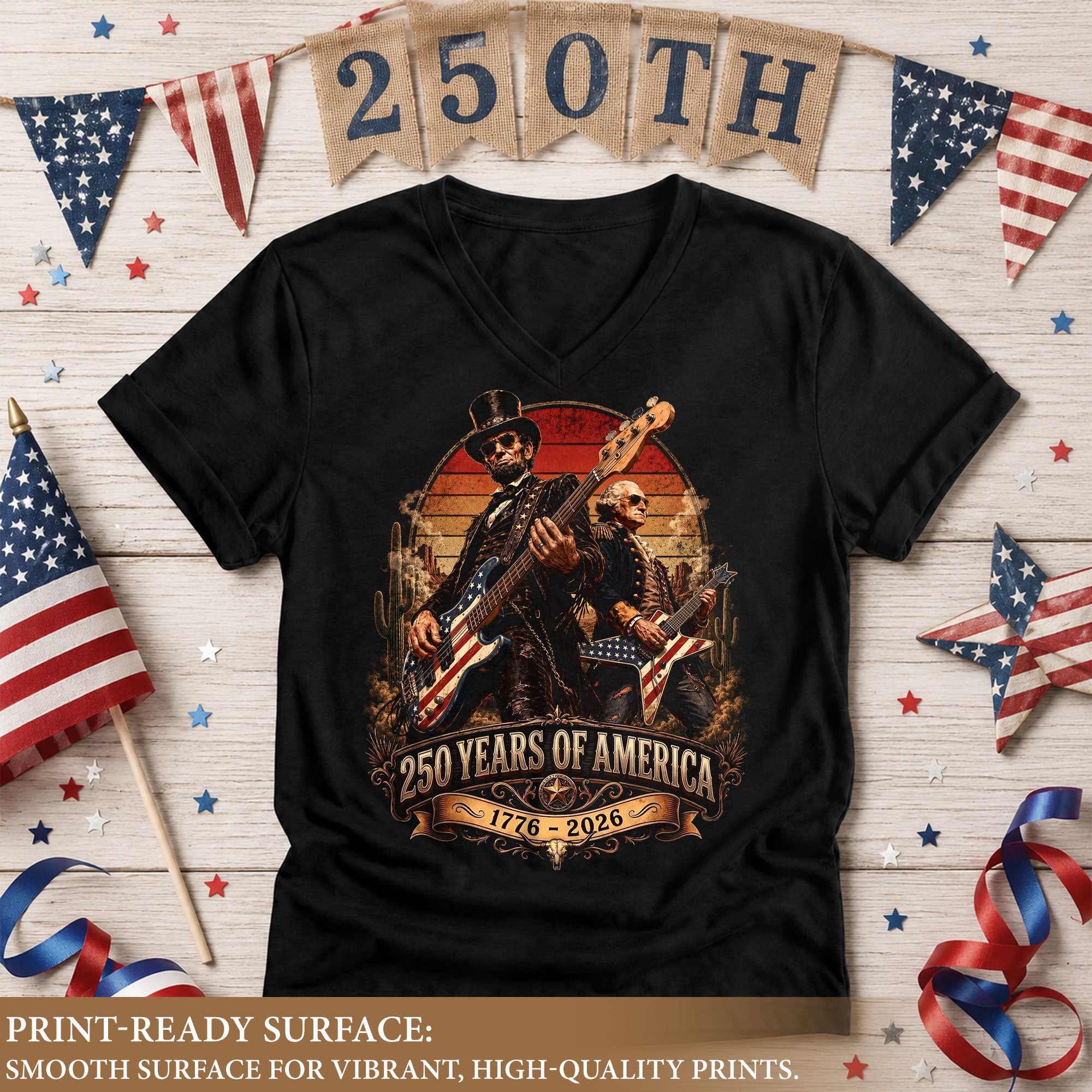 250 Years of America Rocking Icons V-neck Shirt - Vintage Patriotic Music Graphic Tee
