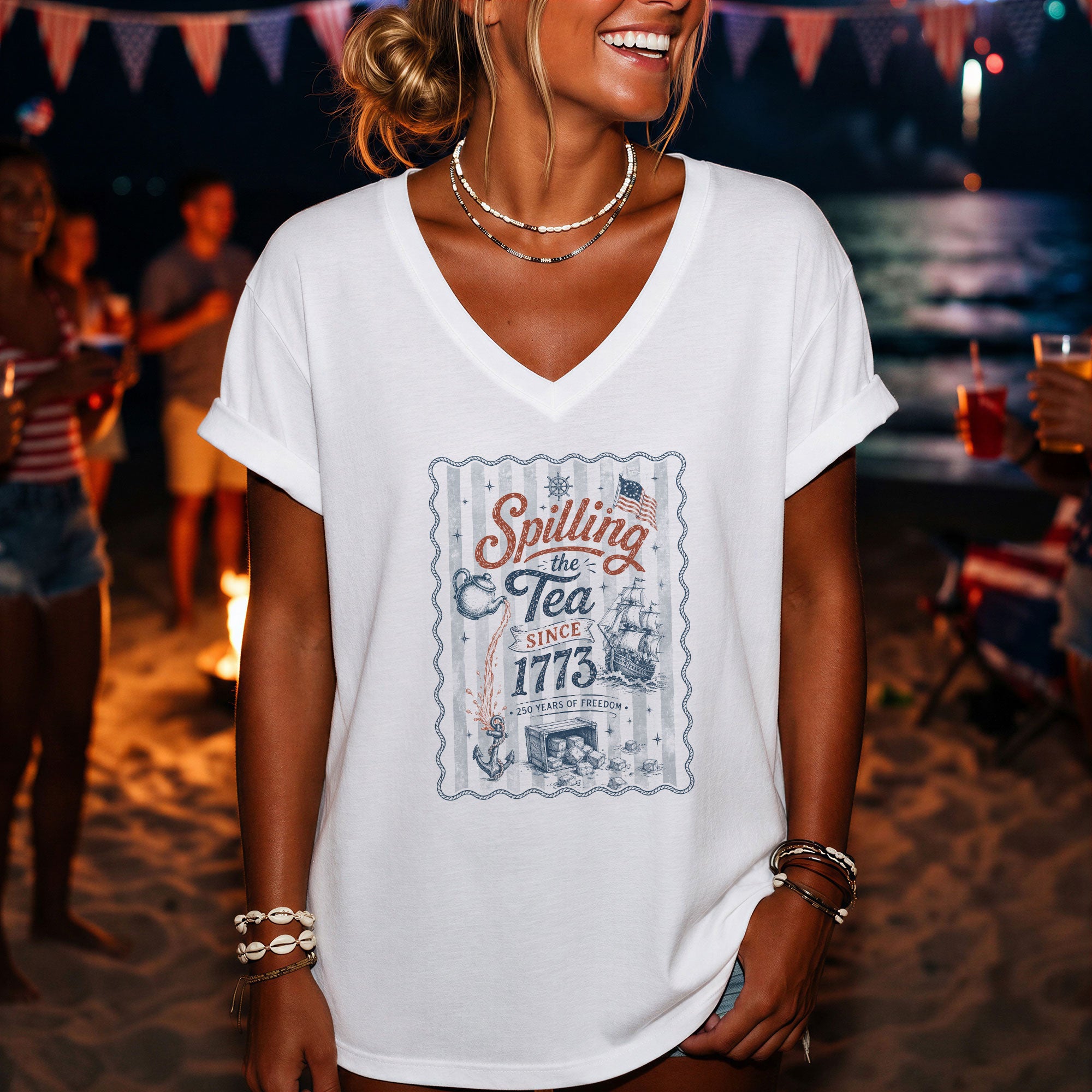 Women Spilling The Tea Since 1773 V-Neck Shirt Patriotic Vintage Freedom Graphic Tee