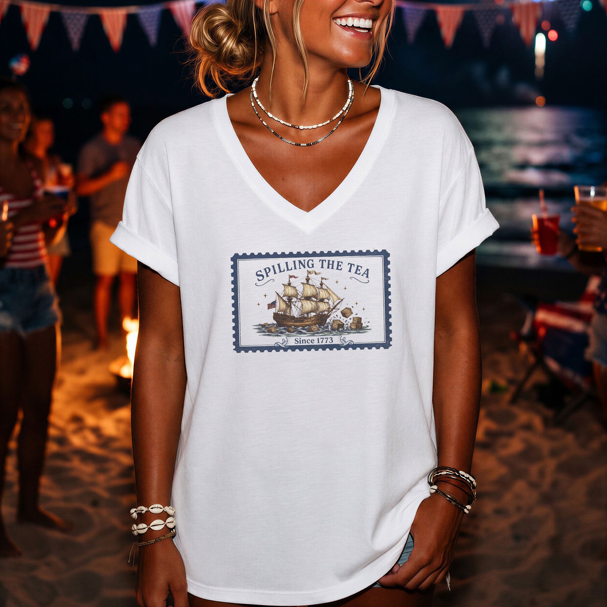 Women Spilling The Tea Since 1773 V-Neck Tee Vintage Patriotic Sailing Ship Shirt