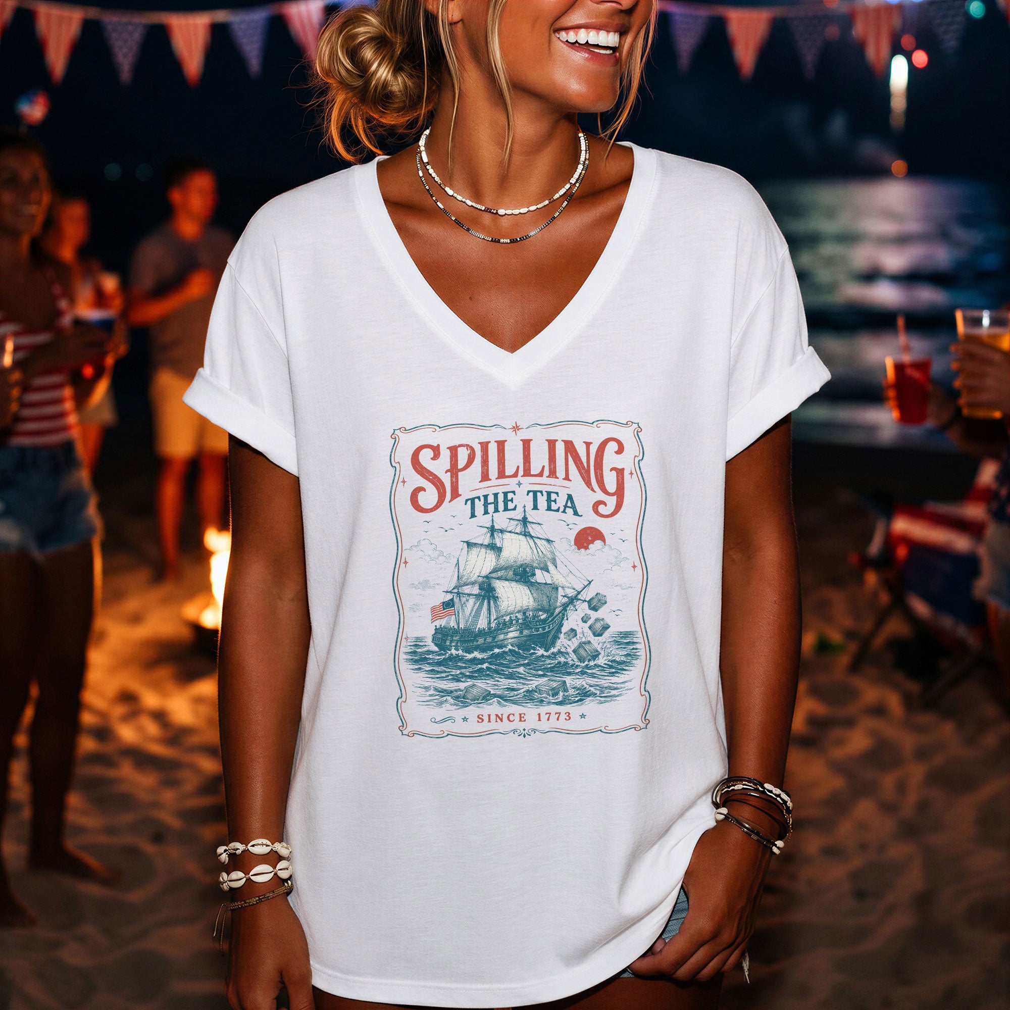 Women Spilling The Tea Since 1773 V-Neck Shirt Patriotic Vintage Sailing Ship Tee