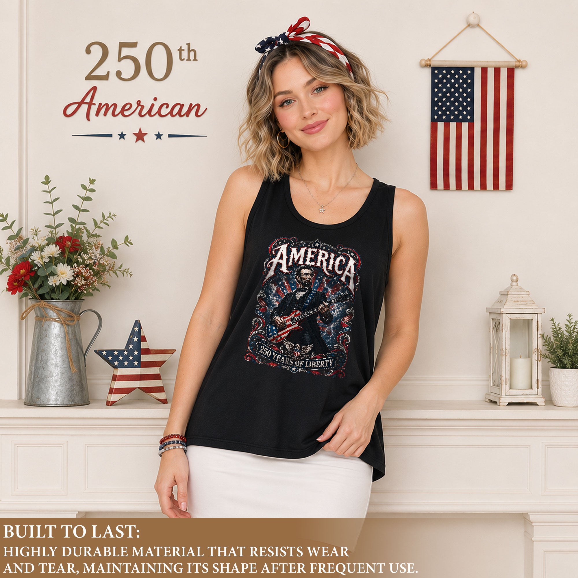 Lincoln Women Tank Top 250 Years of Liberty Patriotic USA Rock Guitarist History Shirt