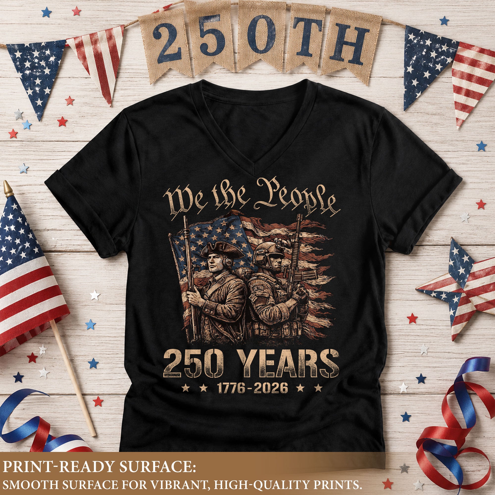 Women's V-Neck Patriotic Tee We The People Soldier Graphic 1776-2026 Historical Shirt