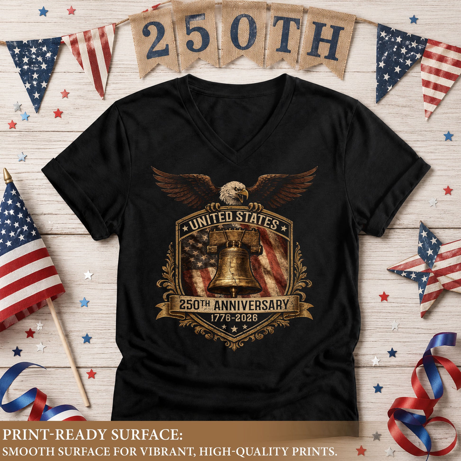 Women's Graphic V-Neck T-Shirt US 250 Years 1776-2026 Anniversary Patriotic Design - Rust Field Wear