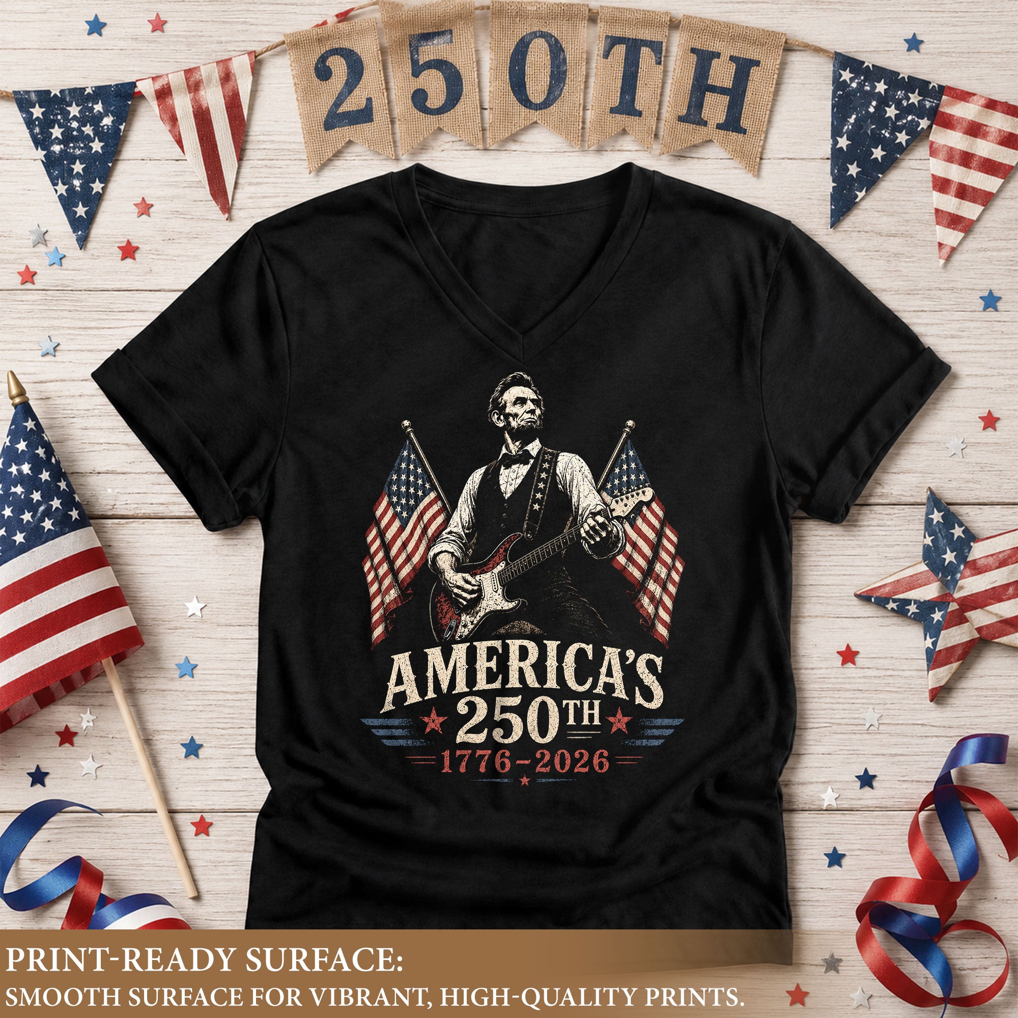 Women's V-Neck Patriotic Tee Abraham Lincoln Guitarist 1776-2026 Anniversary Shirt