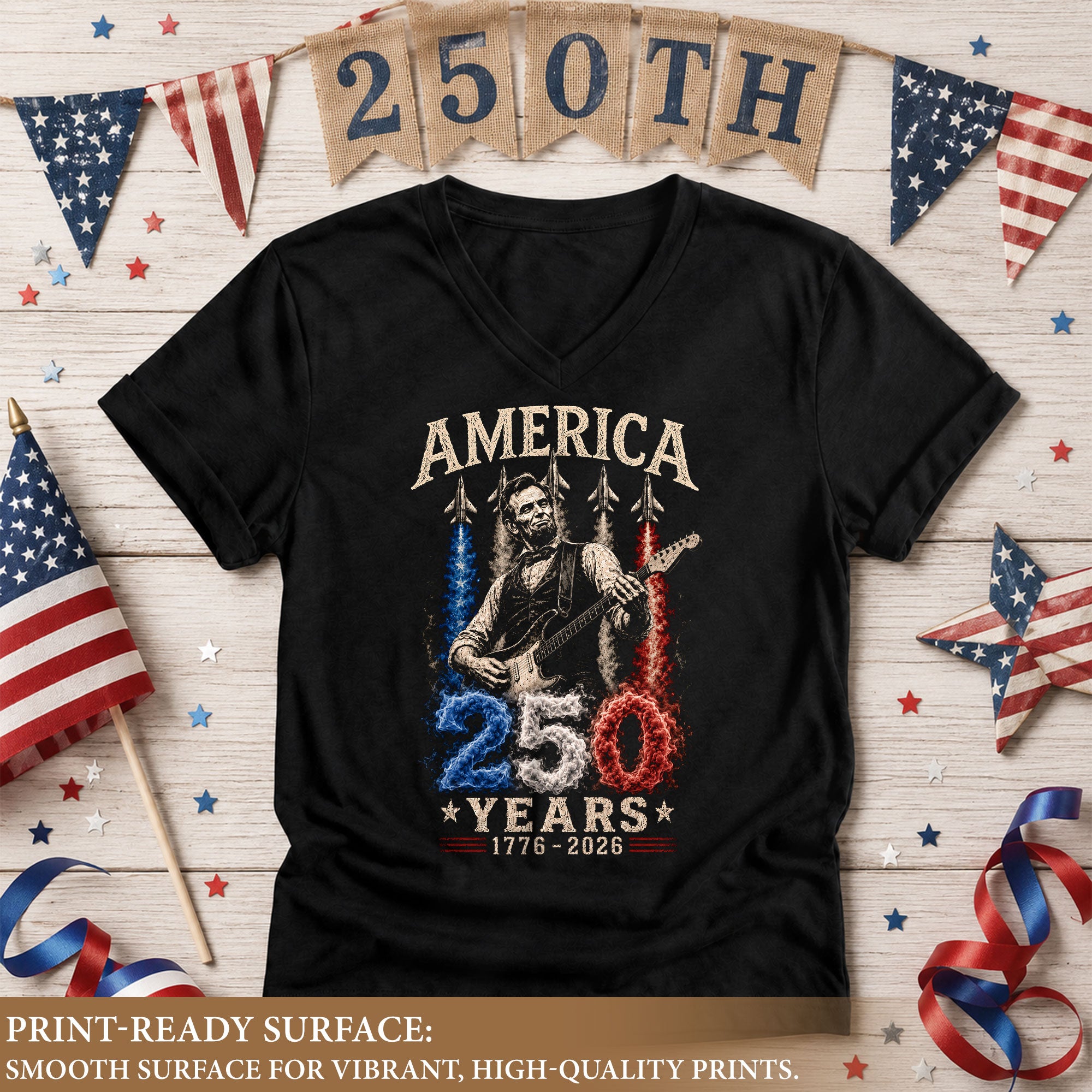 Patriotic V-Neck T-Shirt Women Lincoln Playing Guitar 1776-2026 Jet Graphic Top