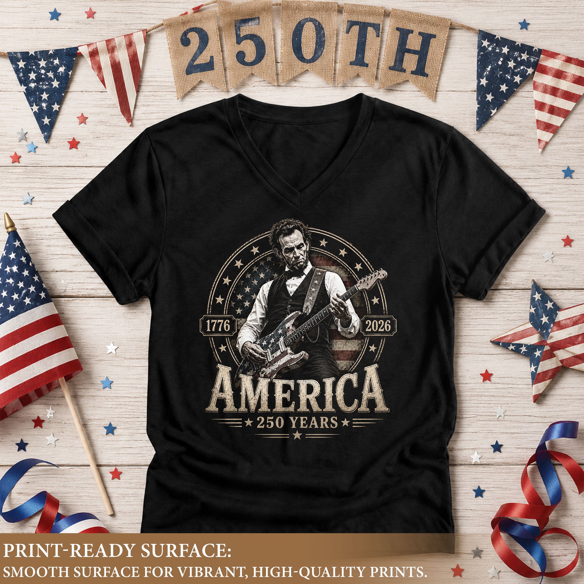 Lincoln Guitarist Graphic V-Neck Shirt Women's America 250 Years 1776-2026 Patriotic