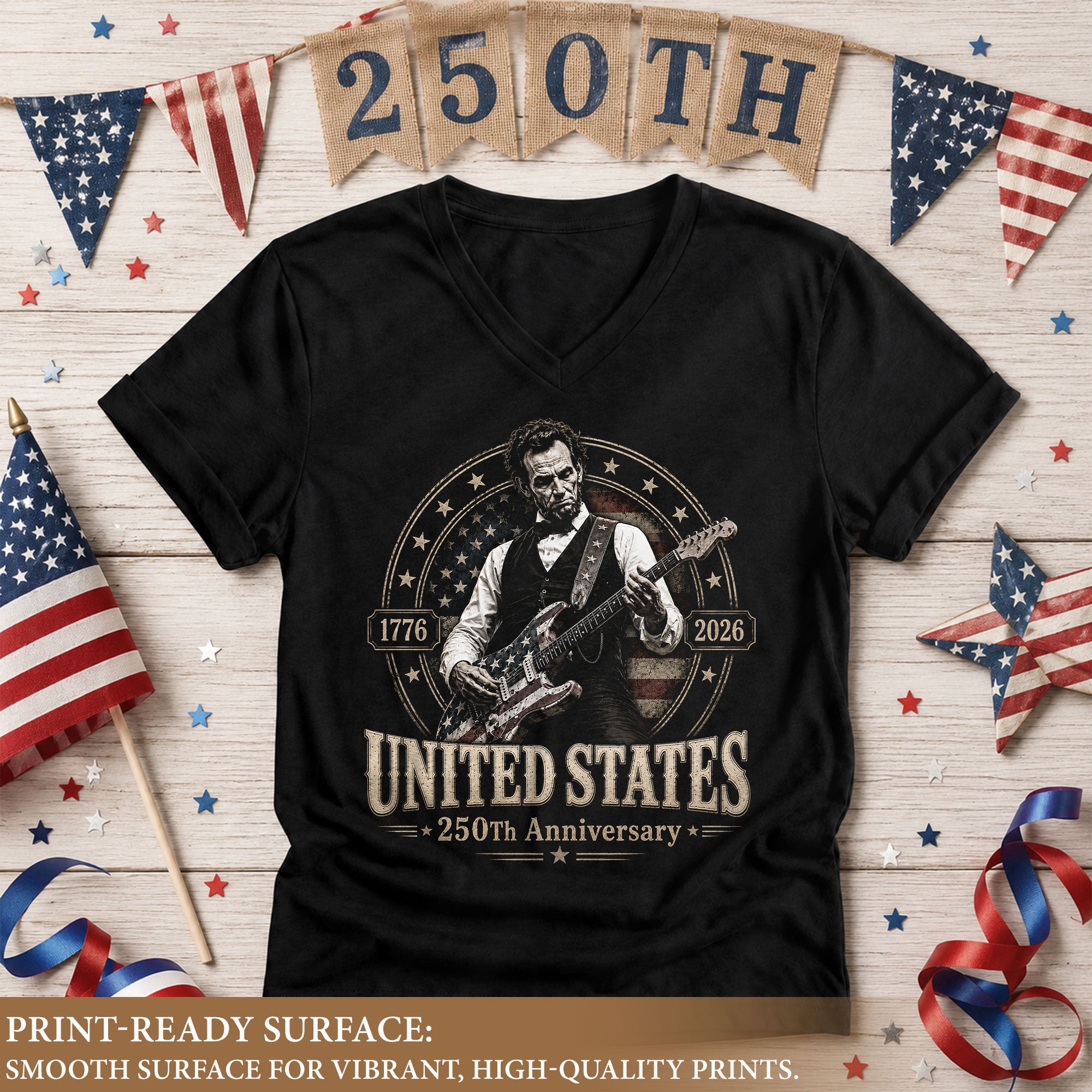 Lincoln Guitarist 1776-2026 Patriotic V-Neck Shirt - Women's Graphic Summer Apparel