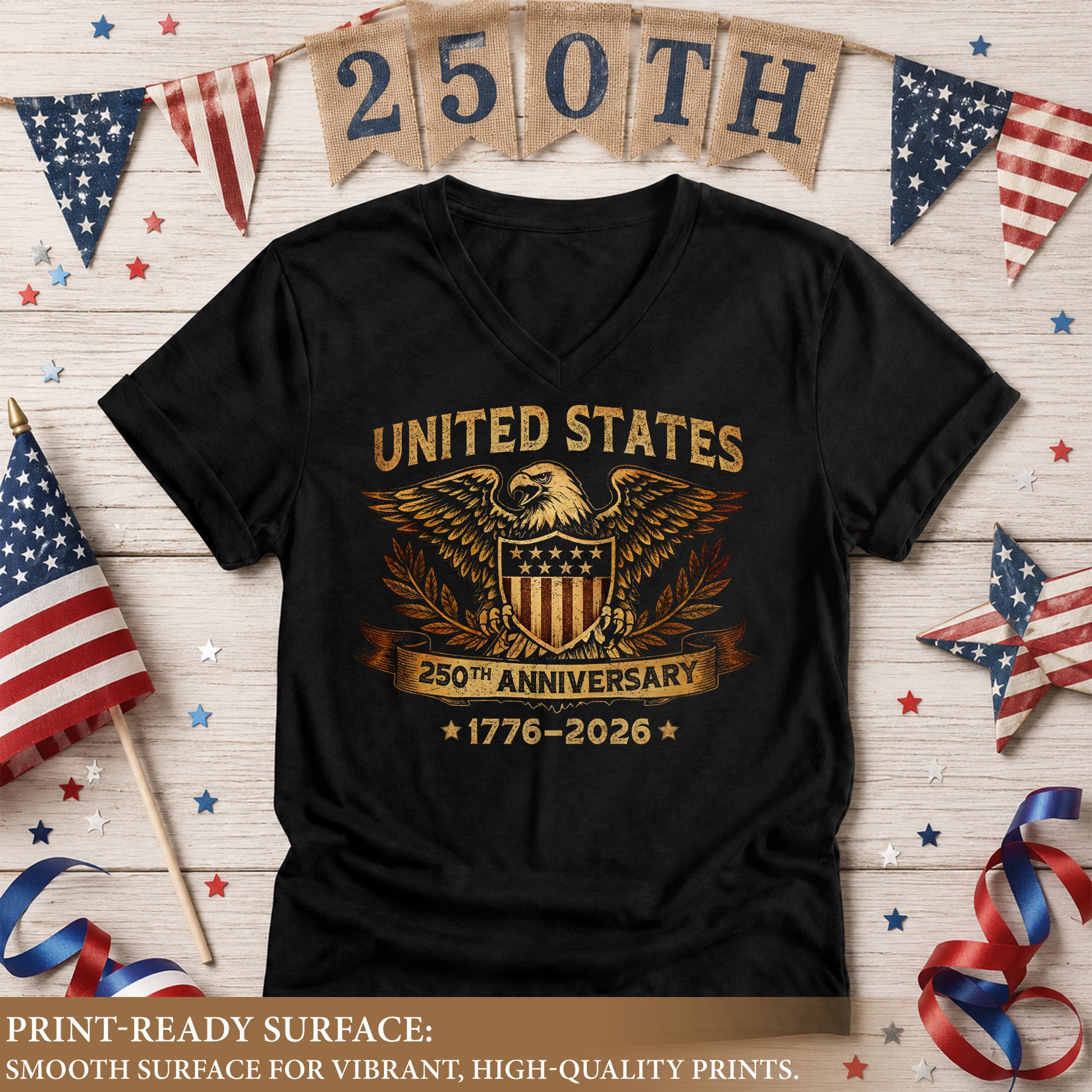 Women's V-Neck Graphic Tee Patriotic Eagle Shield Print 1776-2026 Historical Vintage Top - Rust Field Wear