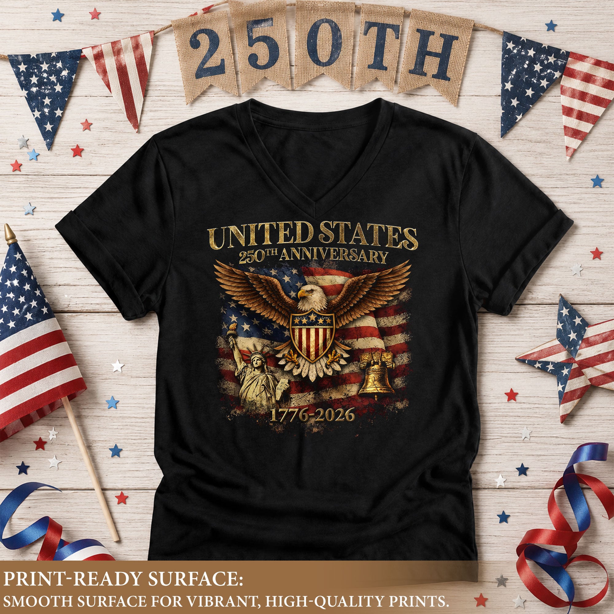 Women's V-Neck Graphic T-Shirt Eagle Statue of Liberty 1776-2026 Patriotic Apparel - Rust Field Wear