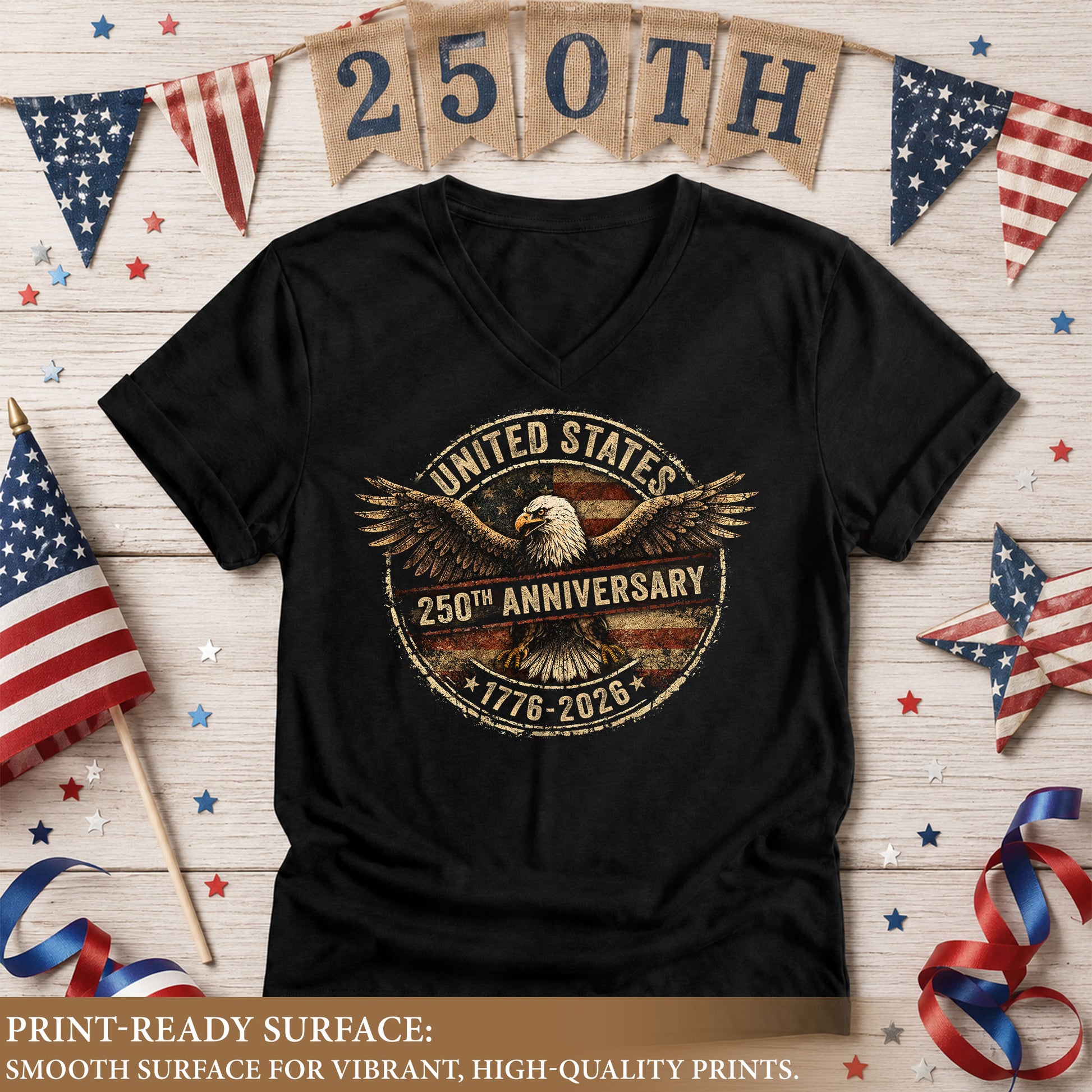 Women's V-Neck Patriotic Graphic Tee United States Eagle 1776-2026 Historical Shirt - Rust Field Wear