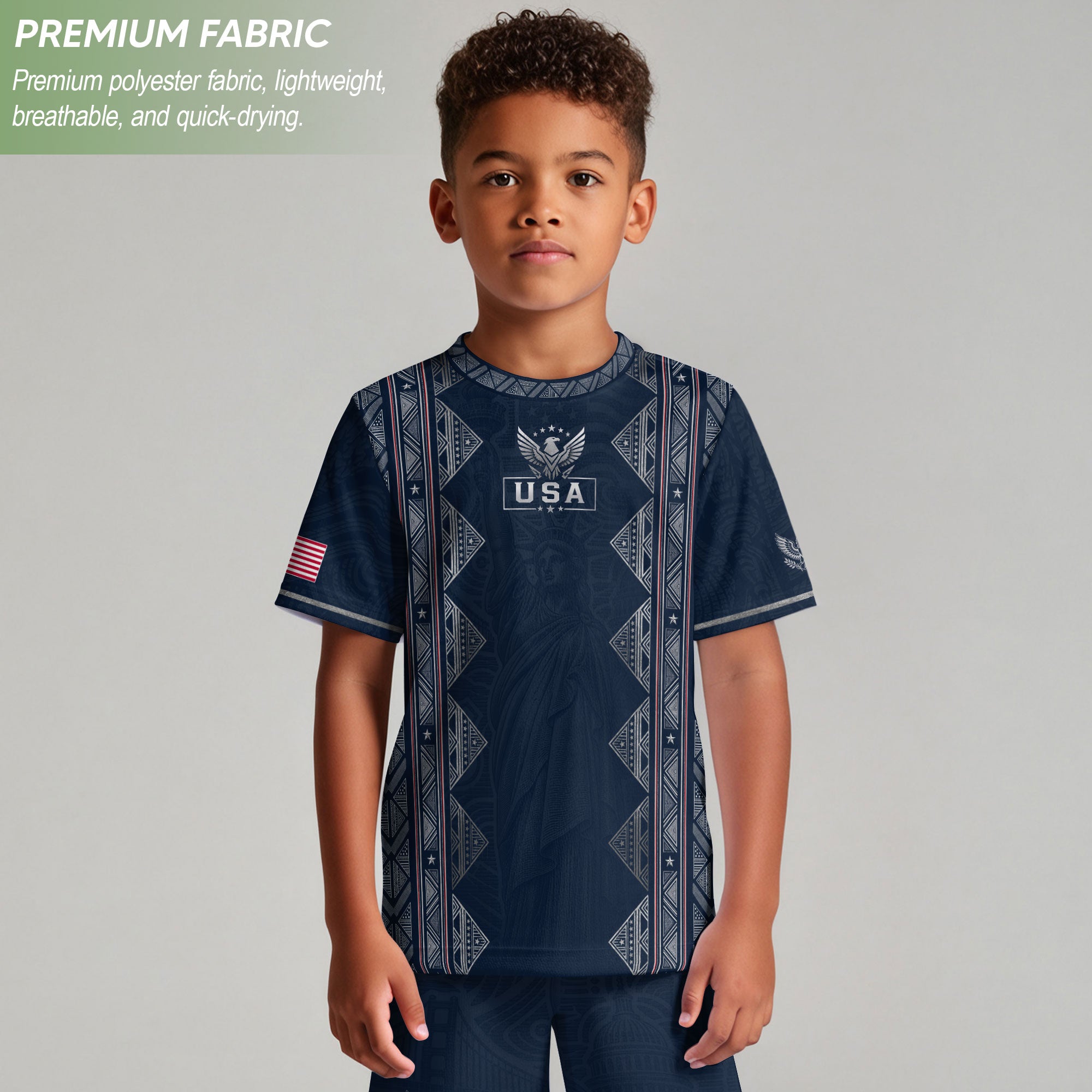 Youth Blue USA Football Jersey Breathable Patriotic Statue Liberty Design Fan Tee