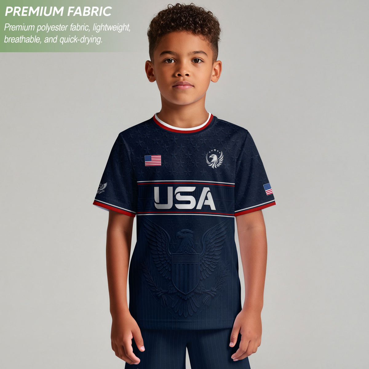 Youth Blue USA Football Shirt Patriotic Eagle Design Breathable Sport Training Tee - Rust Field Wear