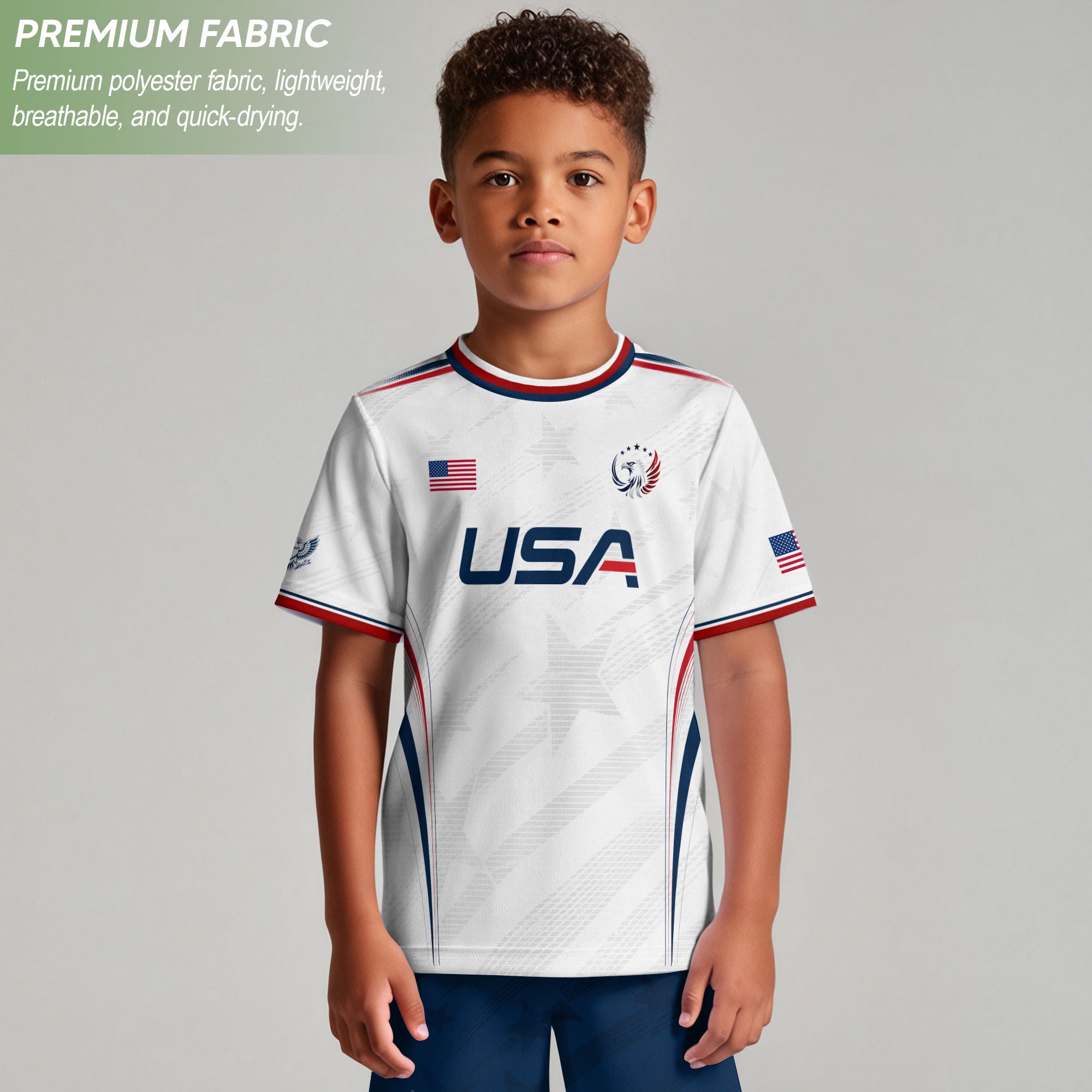 Kids' White USA Soccer Jersey Patriotic Eagle Graphic Print Breathable Fan Apparel