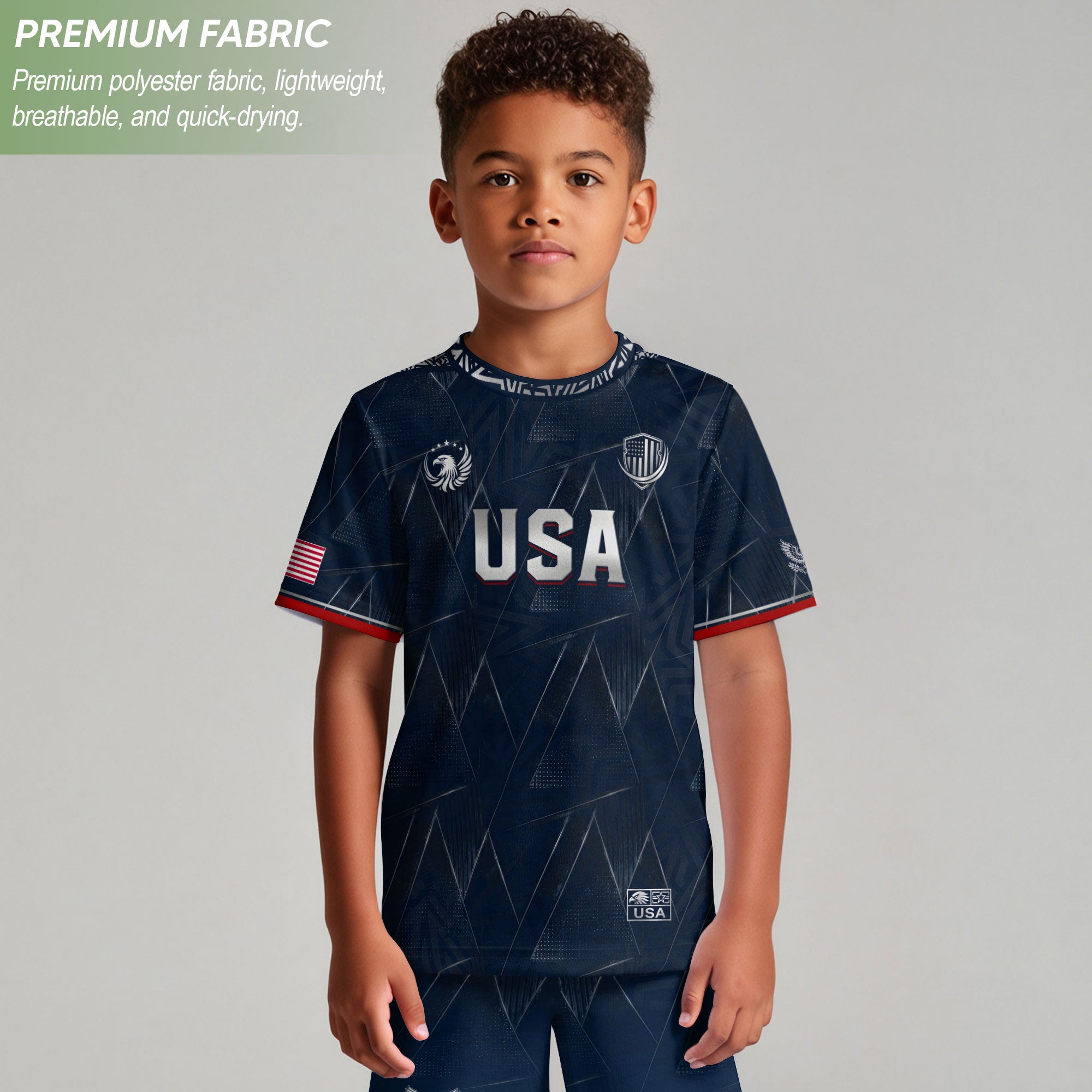 Kids' Blue USA Soccer Jersey Modern Geometric Pattern Eagle Graphic Performance Tee