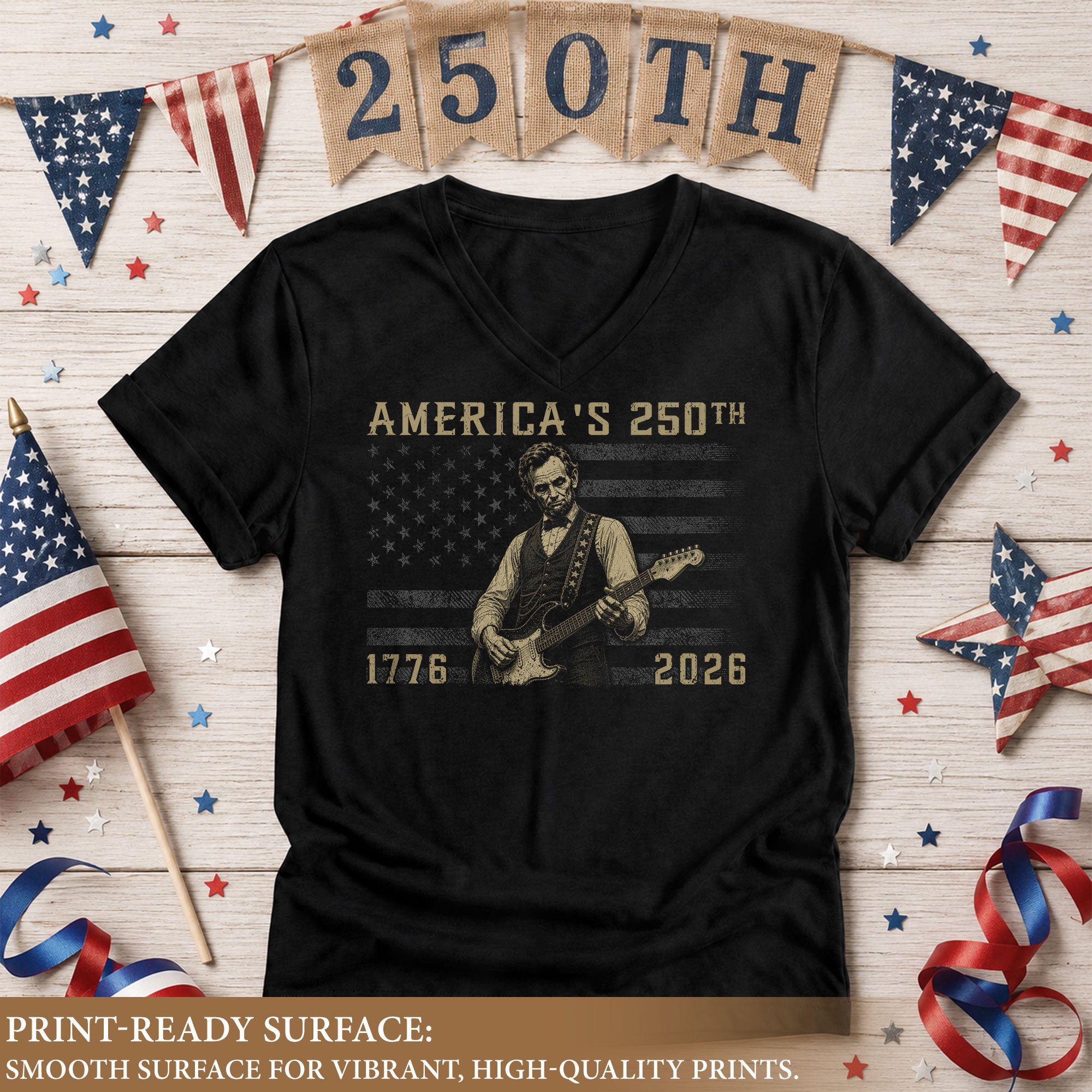 Lincoln Guitar V Neck T-Shirt Patriotic 1776-2026 America 250th Tee Graphic