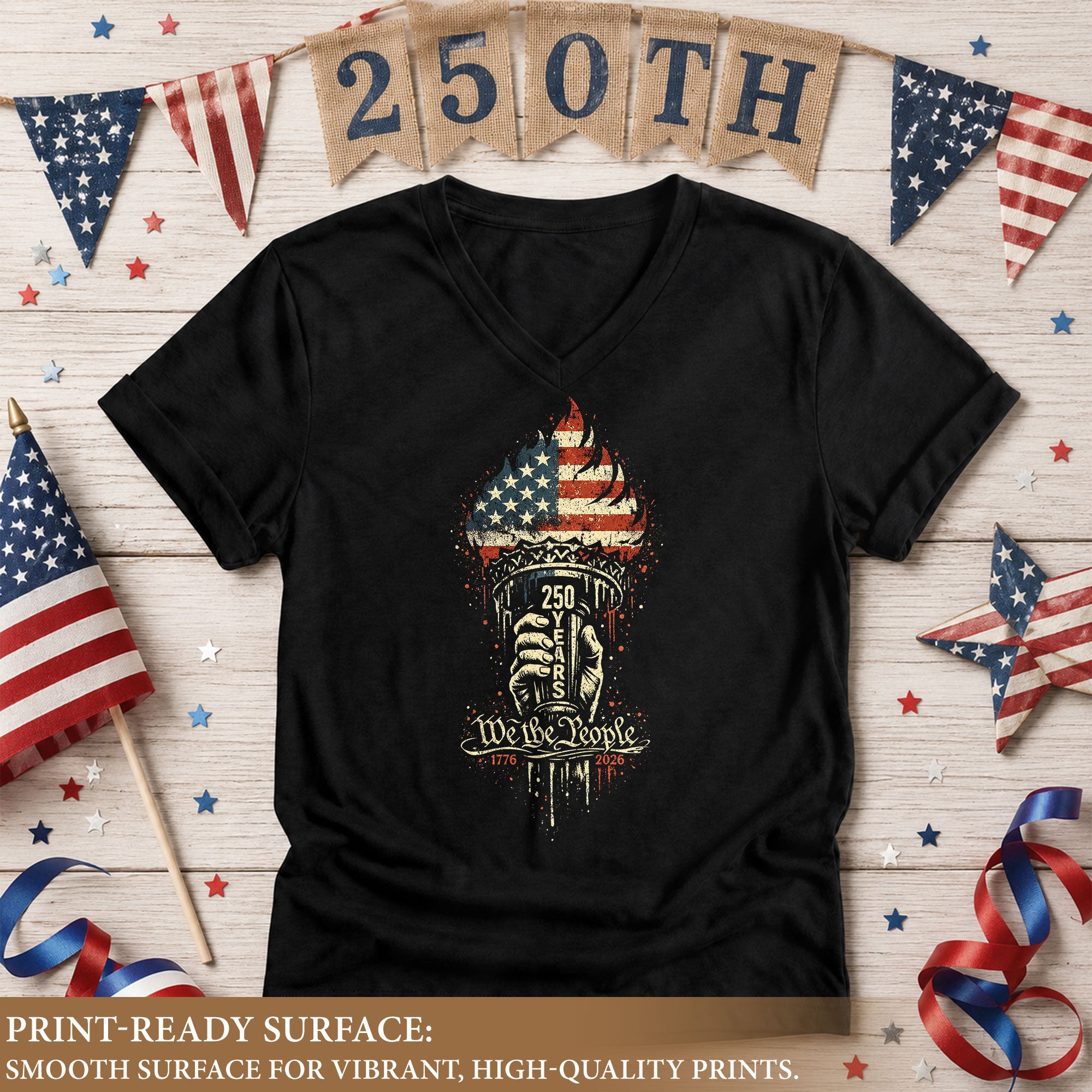 Women's V-Neck T-Shirt We The People 1776-2026 Patriotic Torch Graphic Casual Tee