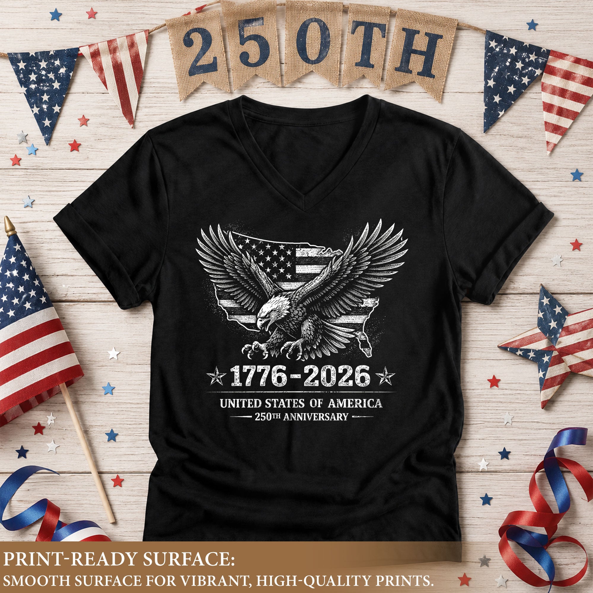 Women's V-Neck Tee Patriotic Eagle Map 1776-2026 Graphic Shirt Vintage Style Cotton