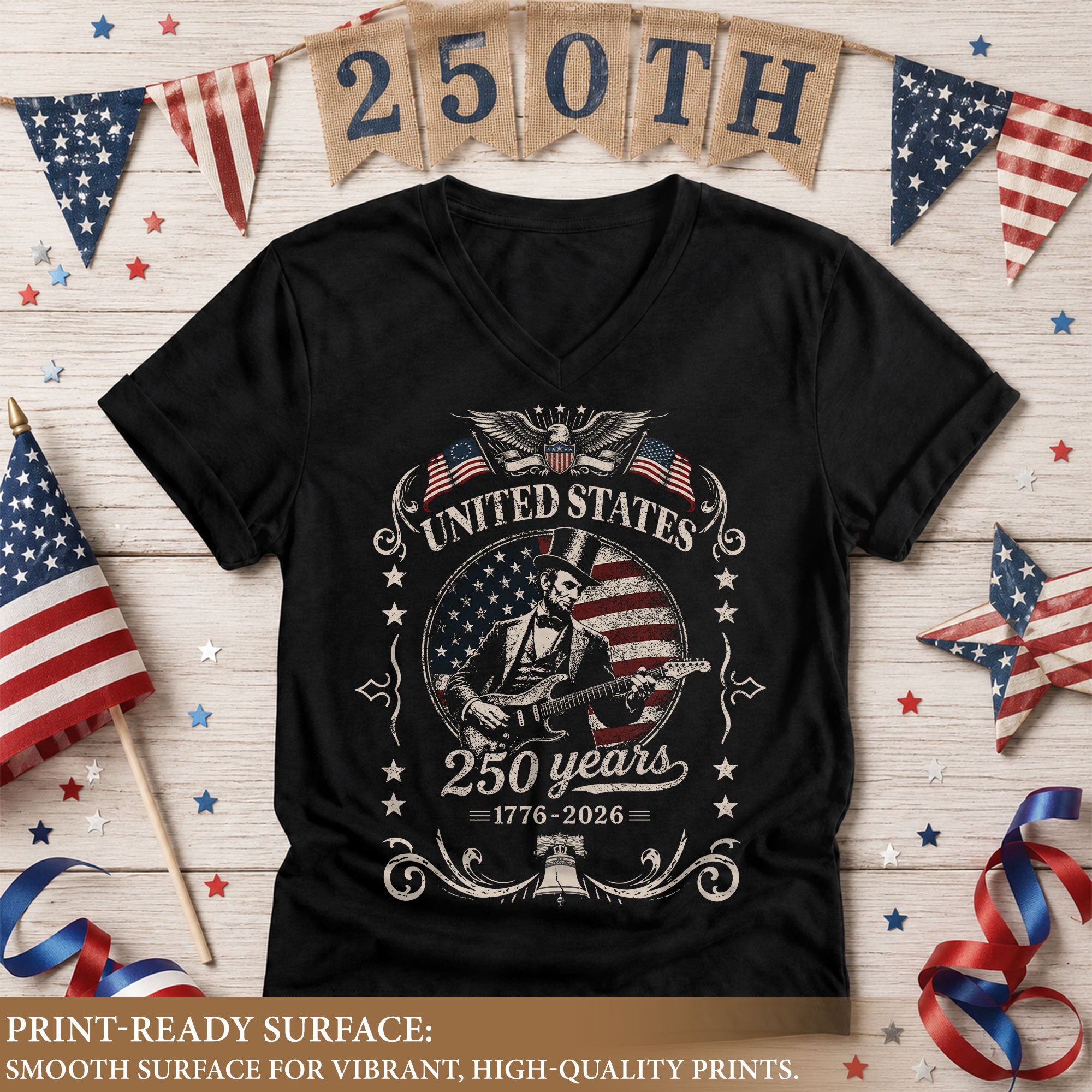 Lincoln Guitar V Neck T-Shirt Patriotic 1776-2026 Freedom Anniversary Tee