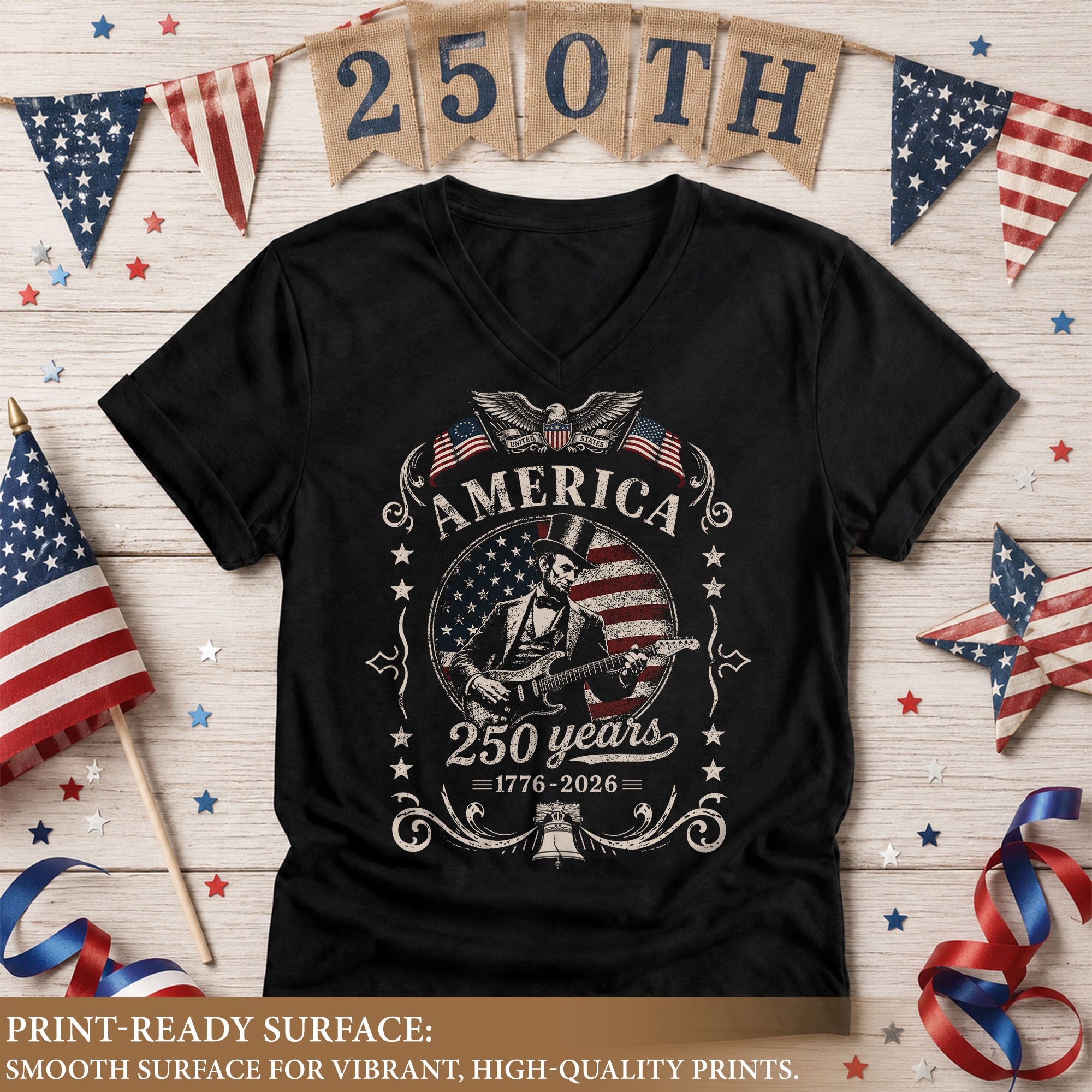 Lincoln Guitar V Neck T-Shirt Patriotic 1776-2026 Freedom Anniversary Tee