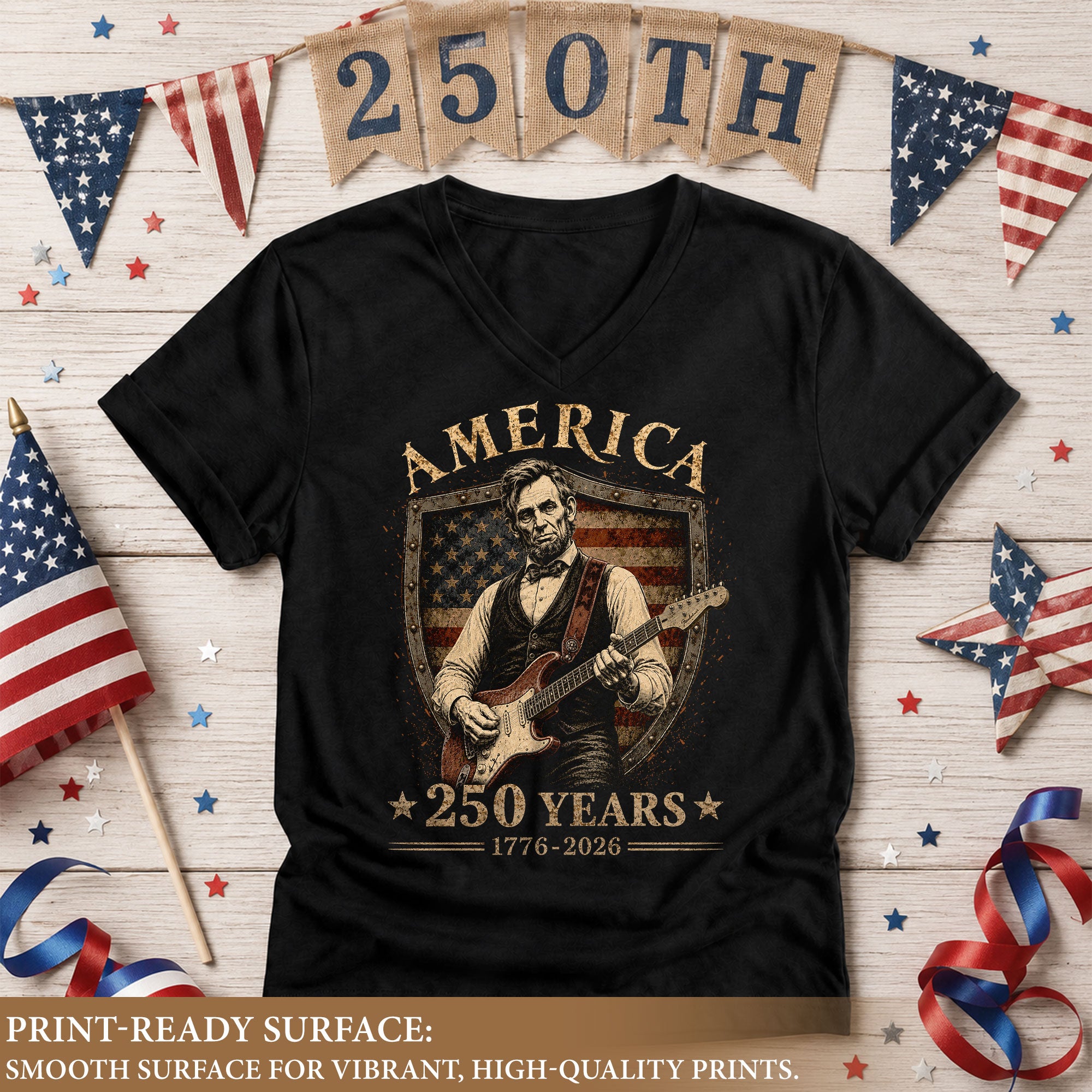 Lincoln Guitar V Neck T-Shirt Patriotic 1776-2026 America 250 Years Women Tee