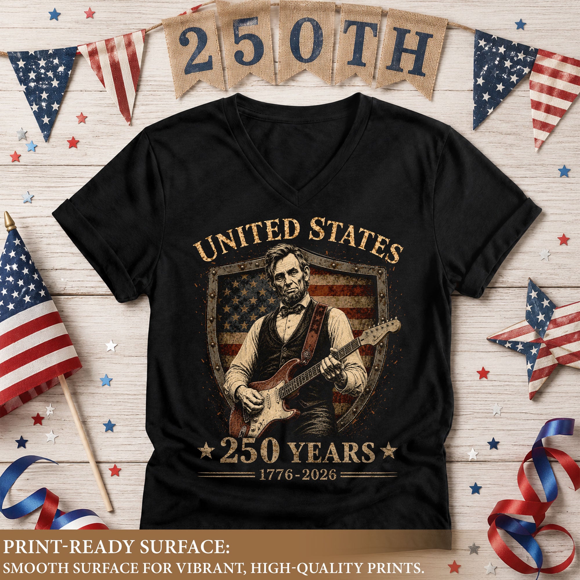 Lincoln Guitar V Neck T-Shirt Patriotic 1776-2026 250 Years Freedom Women Tee
