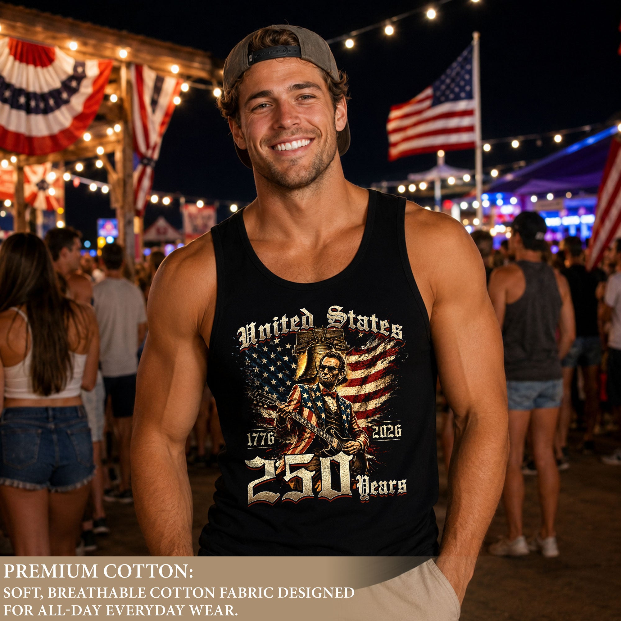 Patriotic Men's Tank Top Lincoln Guitar Graphic Print 1776-2026 Historical Style Shirt