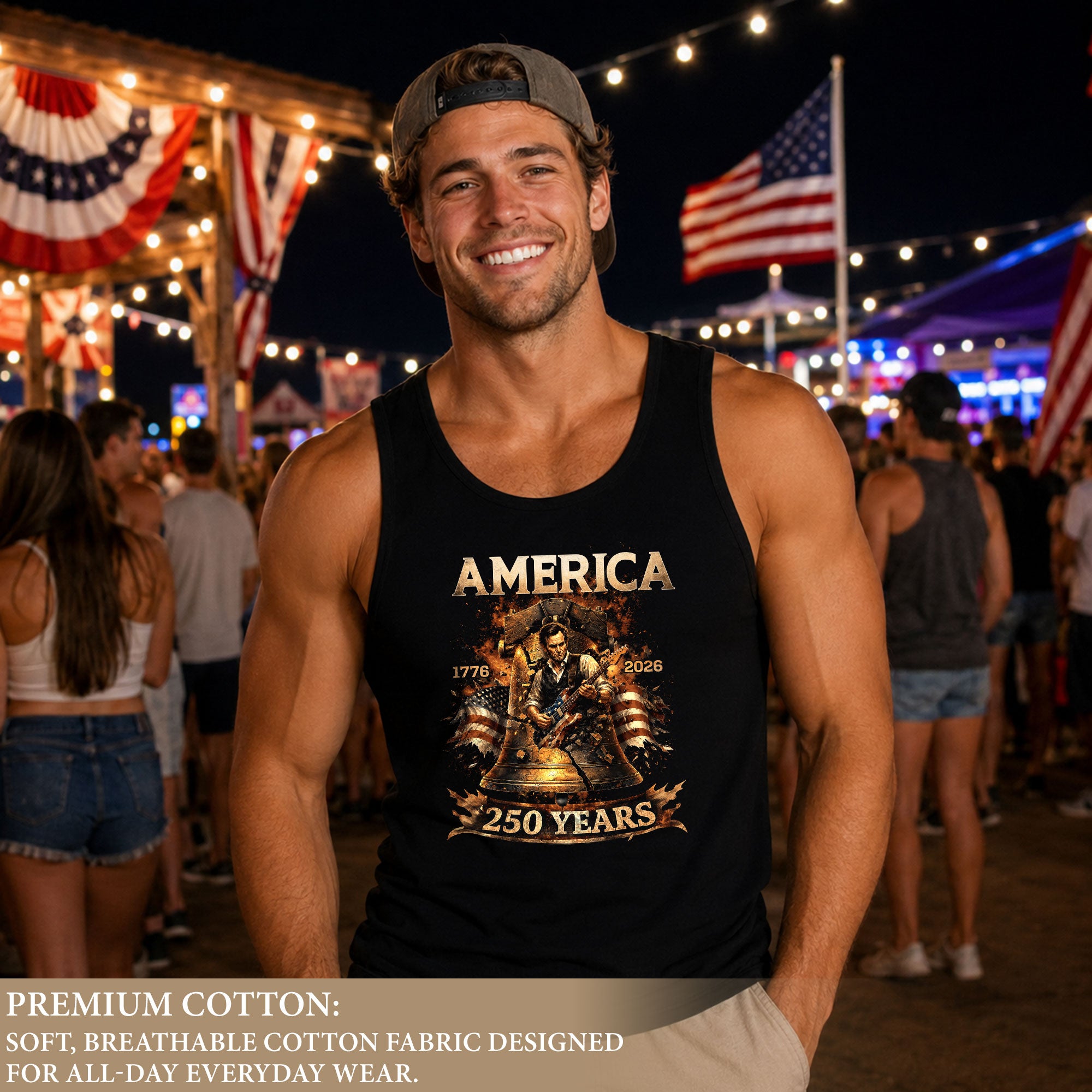 Men's Tank Top Patriotic Guitarist Bell Graphic 1776-2026 Historical Style Sleeveless Tee