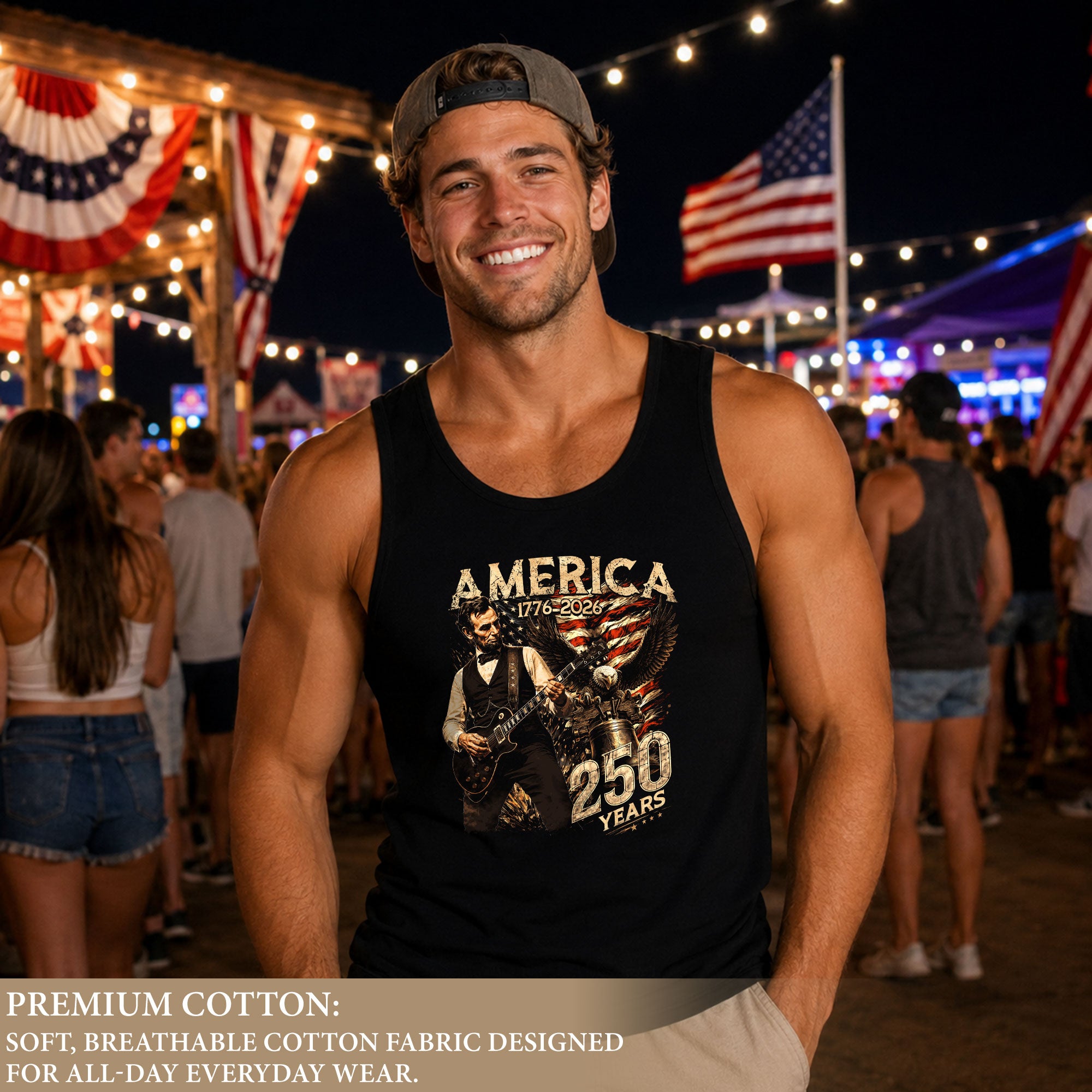 Men's Patriotic Tank Top Abraham Lincoln Guitar Graphic 1776-2026 Historical Style Tee