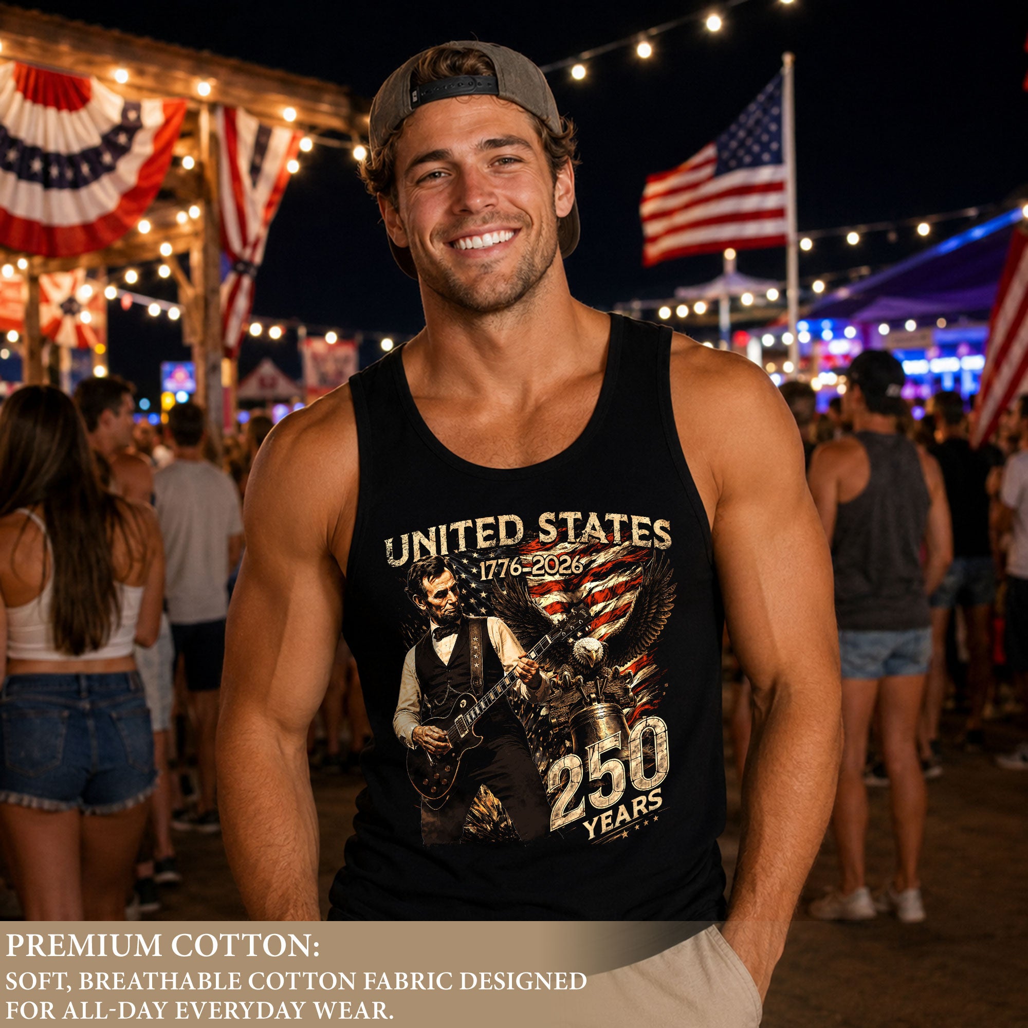 Men's Patriotic Tank Top Abraham Lincoln Guitar Graphic 1776-2026 Historical Style Tee