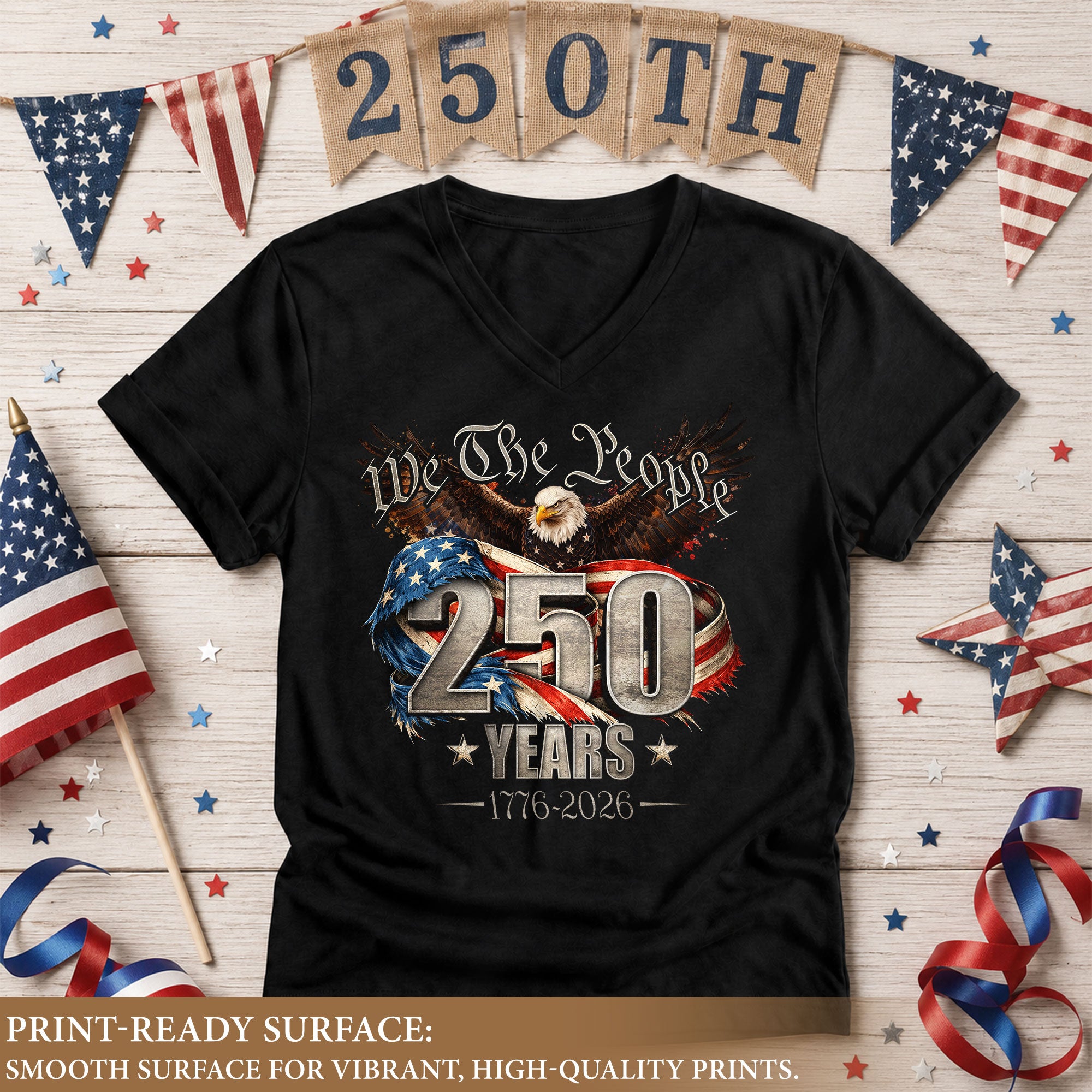 We The People V Neck T-Shirt Patriotic Eagle 1776-2026 America 250 Years Navy Tee